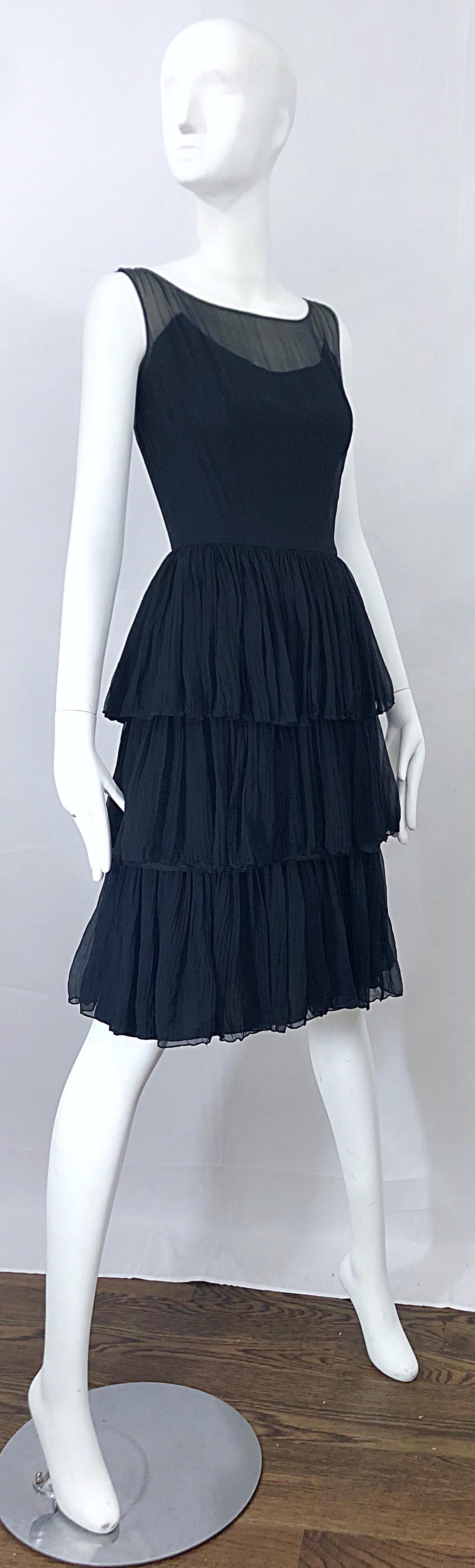 1950s Suzy Perette Black Silk Chiffon Nude Illusion Couture Vintage 50s Dress For Sale 3