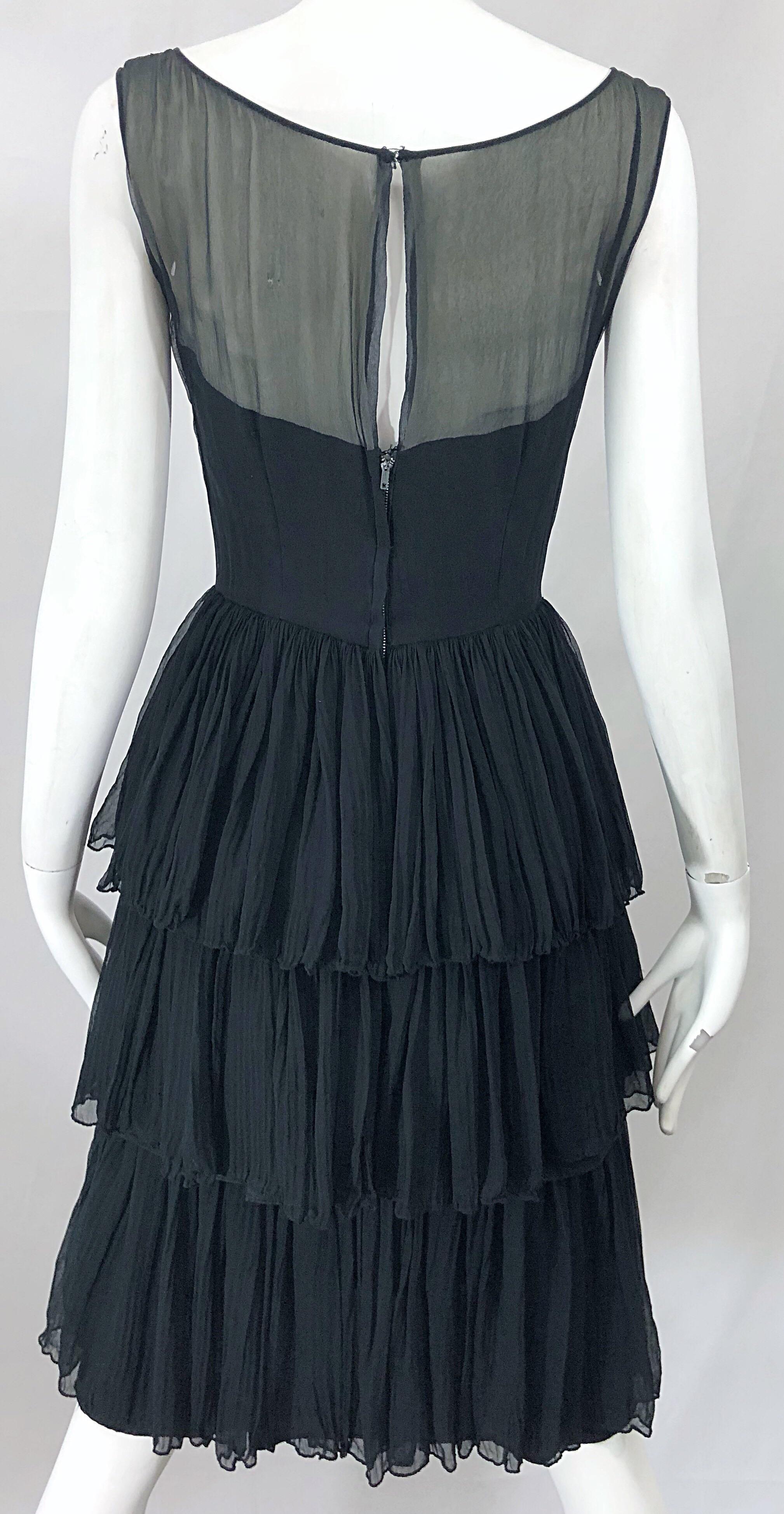 1950s Suzy Perette Black Silk Chiffon Nude Illusion Couture Vintage 50s Dress For Sale 4