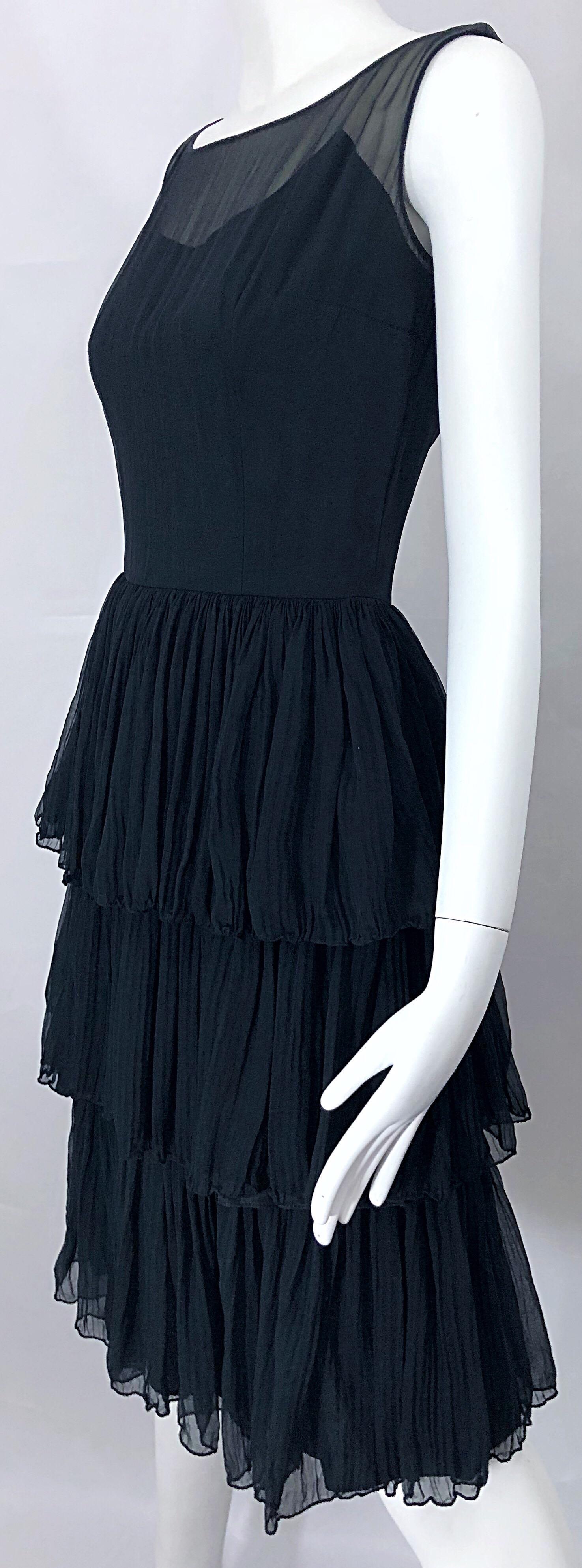 1950s Suzy Perette Black Silk Chiffon Nude Illusion Couture Vintage 50s Dress For Sale 5