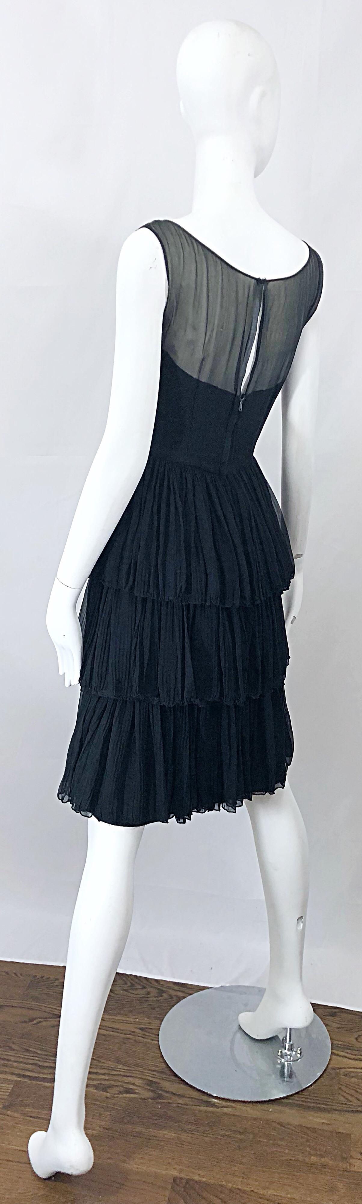 1950s Suzy Perette Black Silk Chiffon Nude Illusion Couture Vintage 50s Dress For Sale 6