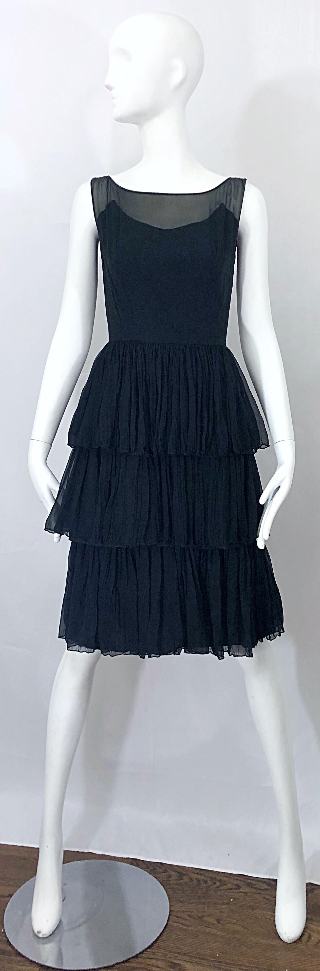 1950s Suzy Perette Black Silk Chiffon Nude Illusion Couture Vintage 50s Dress For Sale 7