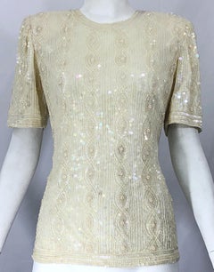 Beautiful Vintage Ivory Off White Sequin Beaded Pearl Encrusted Silk Blouse Top