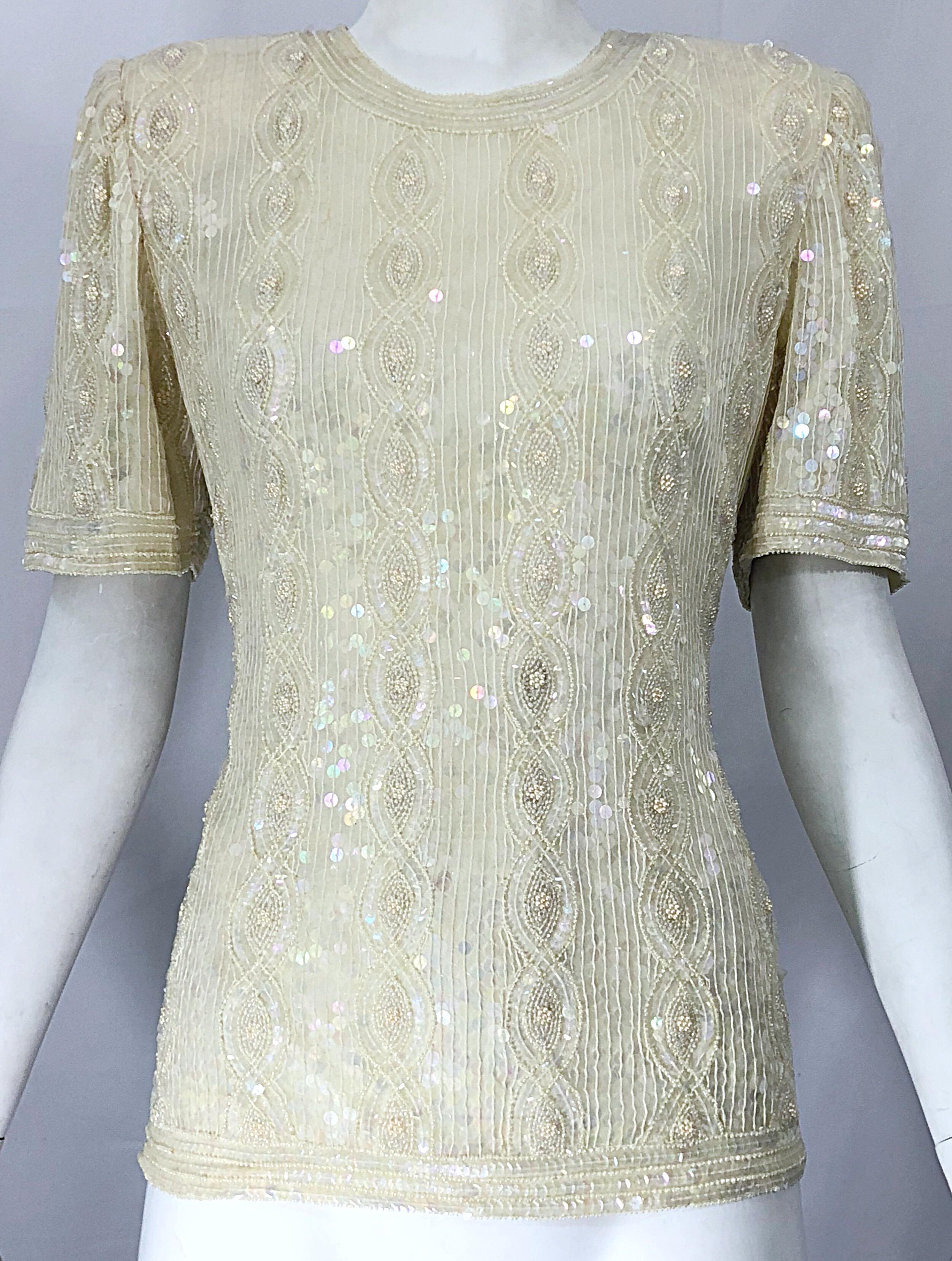 Beautiful Vintage Ivory Off White Sequin Beaded Pearl Encrusted Silk Blouse Top In Excellent Condition For Sale In San Diego, CA