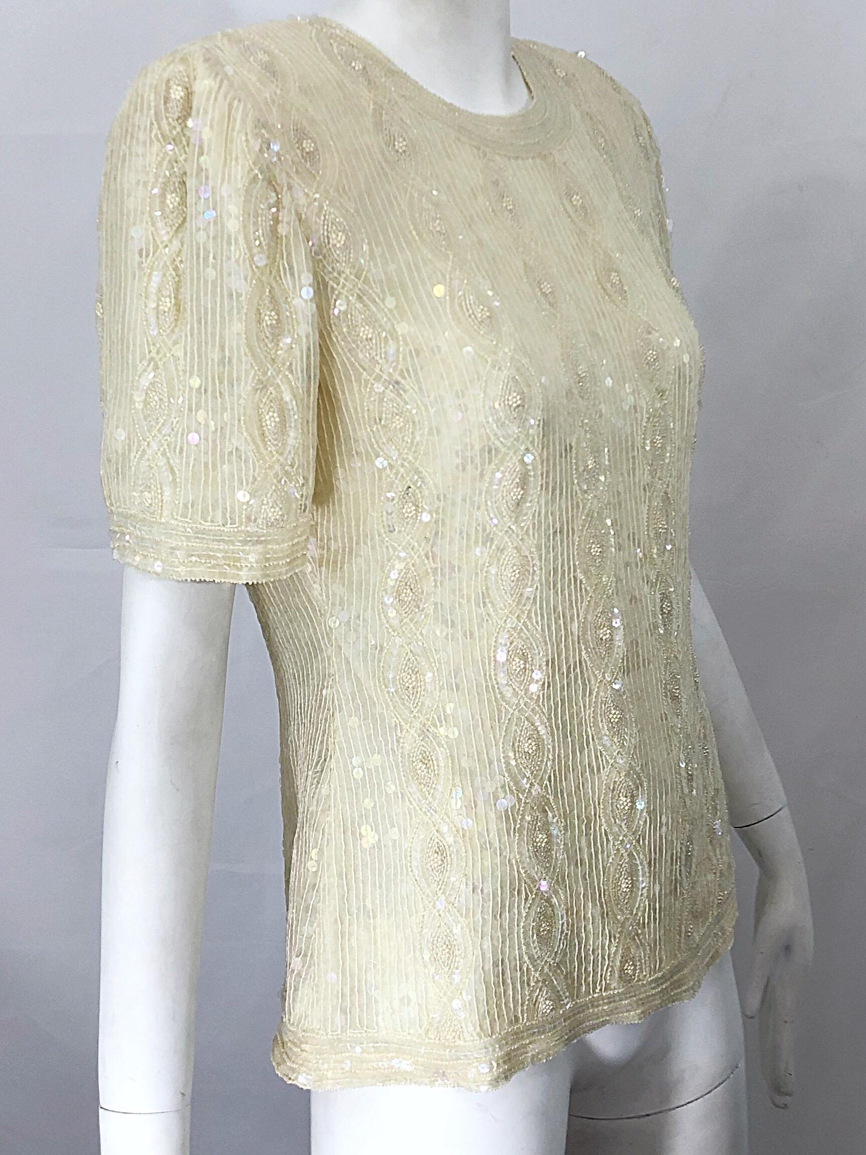 Beautiful Vintage Ivory Off White Sequin Beaded Pearl Encrusted Silk Blouse Top For Sale 1