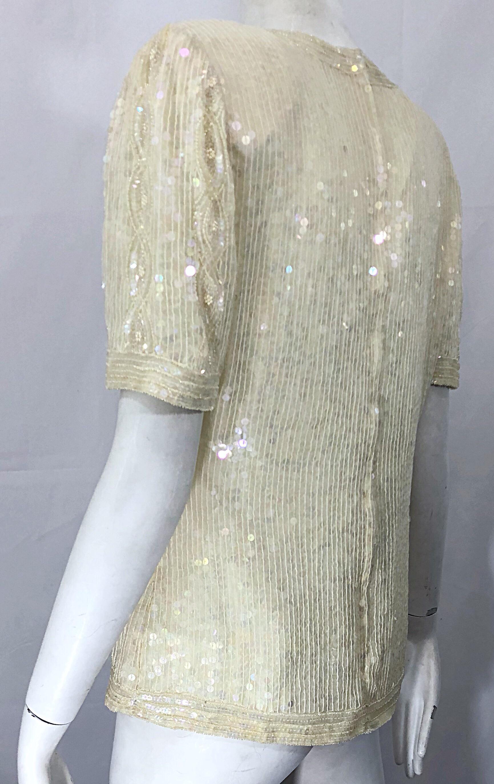 Beautiful Vintage Ivory Off White Sequin Beaded Pearl Encrusted Silk Blouse Top For Sale 2