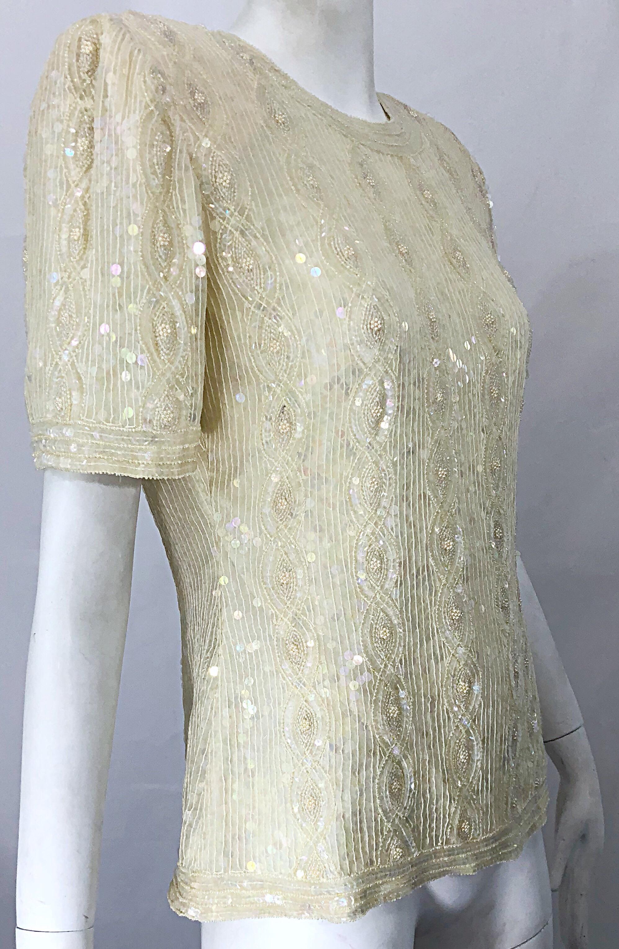 Beautiful Vintage Ivory Off White Sequin Beaded Pearl Encrusted Silk Blouse Top For Sale 3