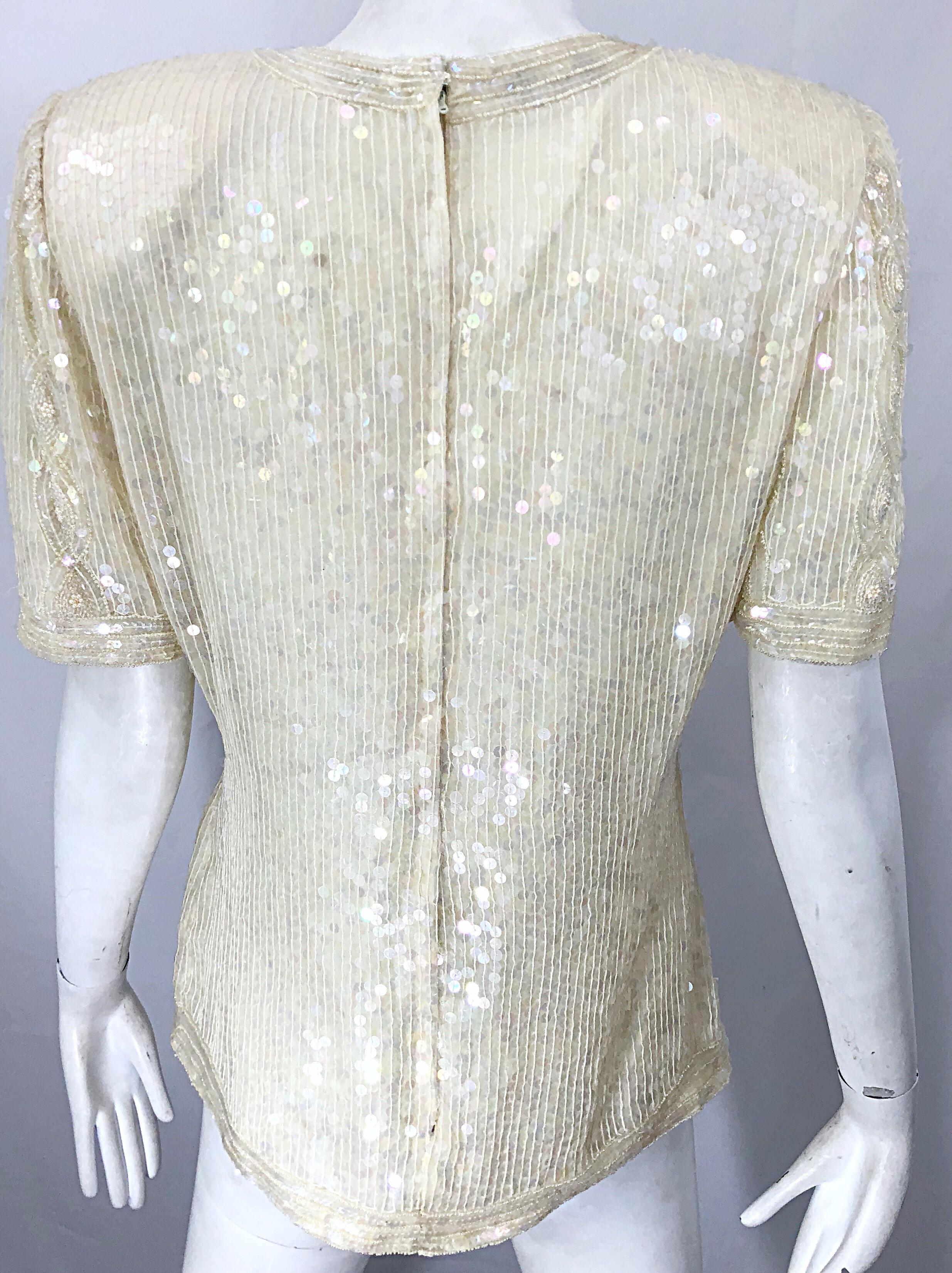 Beautiful Vintage Ivory Off White Sequin Beaded Pearl Encrusted Silk Blouse Top For Sale 4