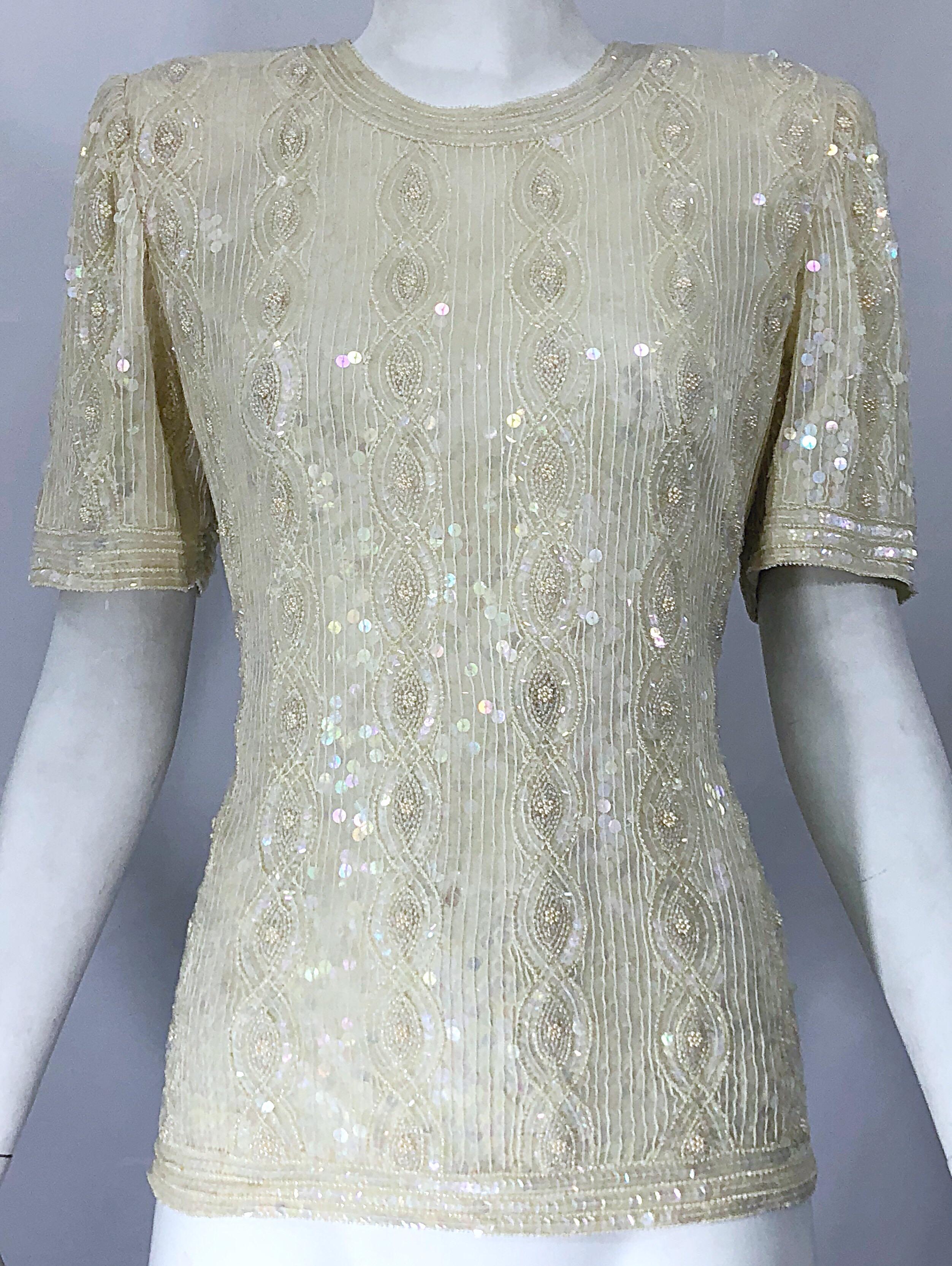 Beautiful Vintage Ivory Off White Sequin Beaded Pearl Encrusted Silk Blouse Top For Sale 5