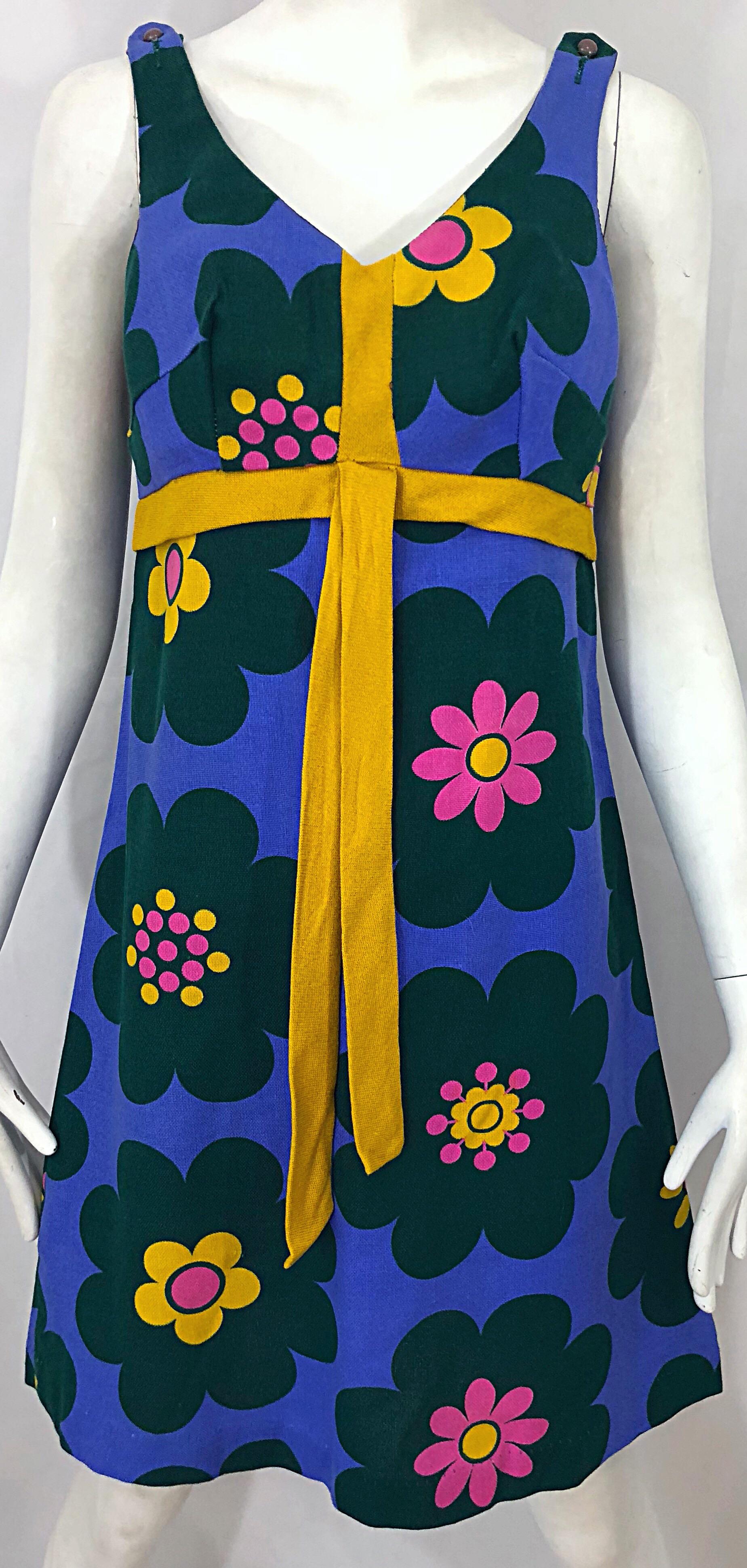 Blue Chic 1960s Linen Flower Purple + Pink + Green + Yellow Vintage 60s A Line Dress For Sale
