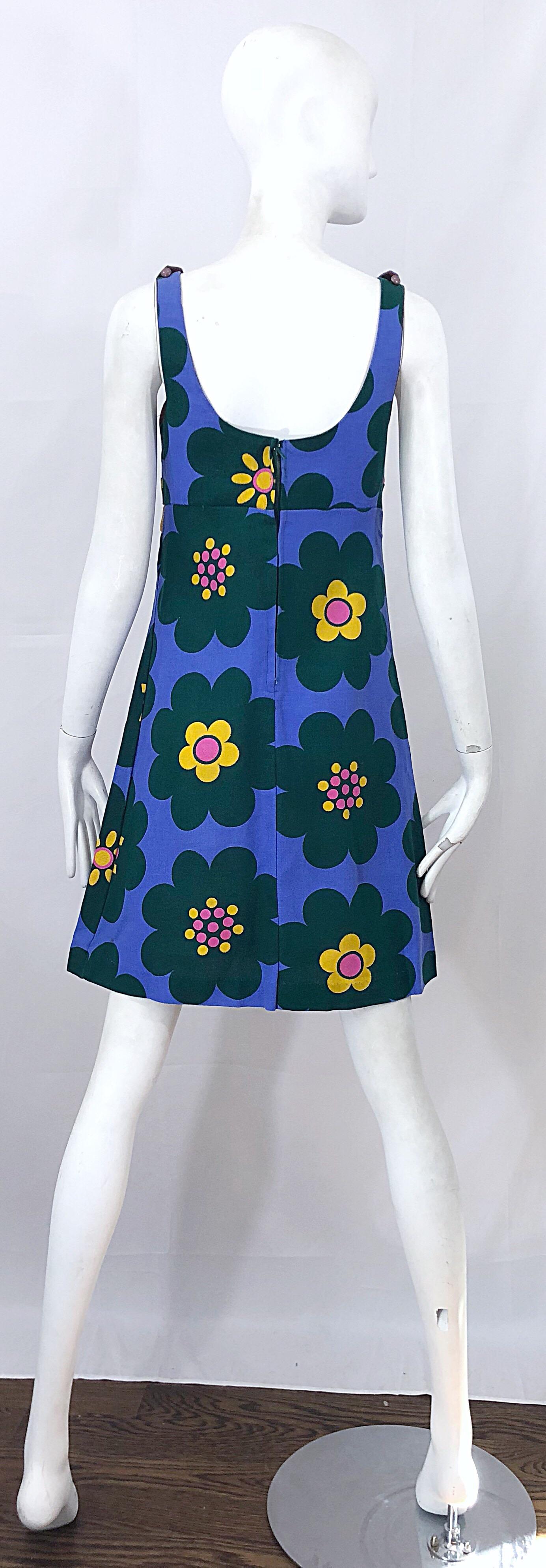 Chic 1960s Linen Flower Purple + Pink + Green + Yellow Vintage 60s A Line Dress In Excellent Condition For Sale In San Diego, CA