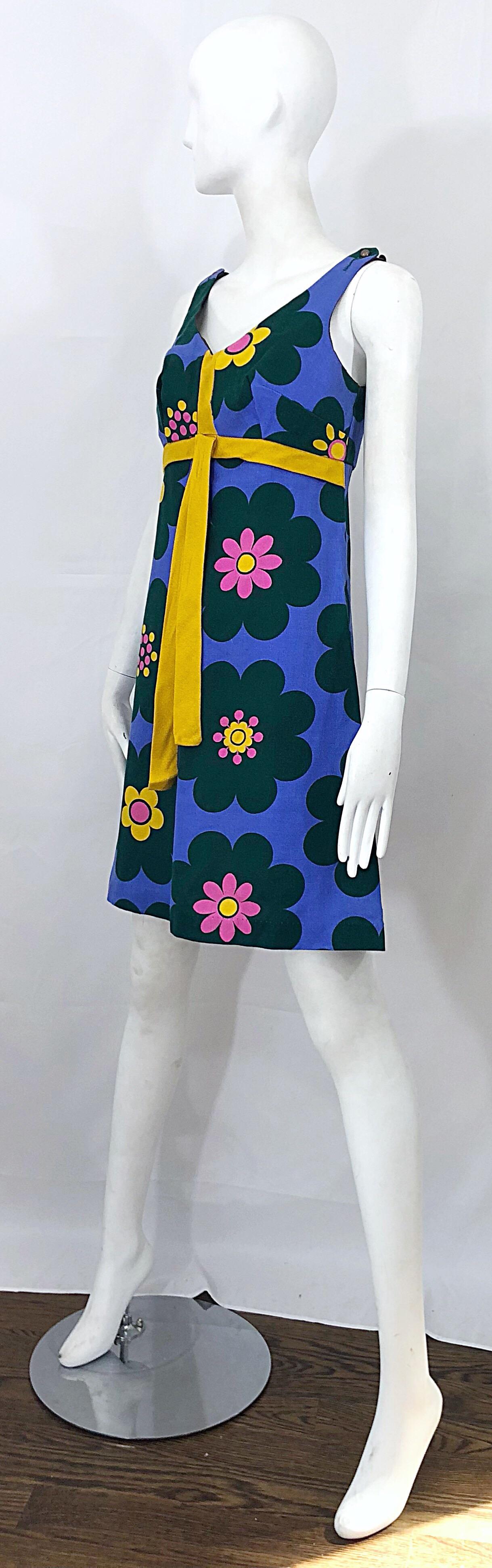 Chic 1960s Linen Flower Purple + Pink + Green + Yellow Vintage 60s A Line Dress For Sale 1