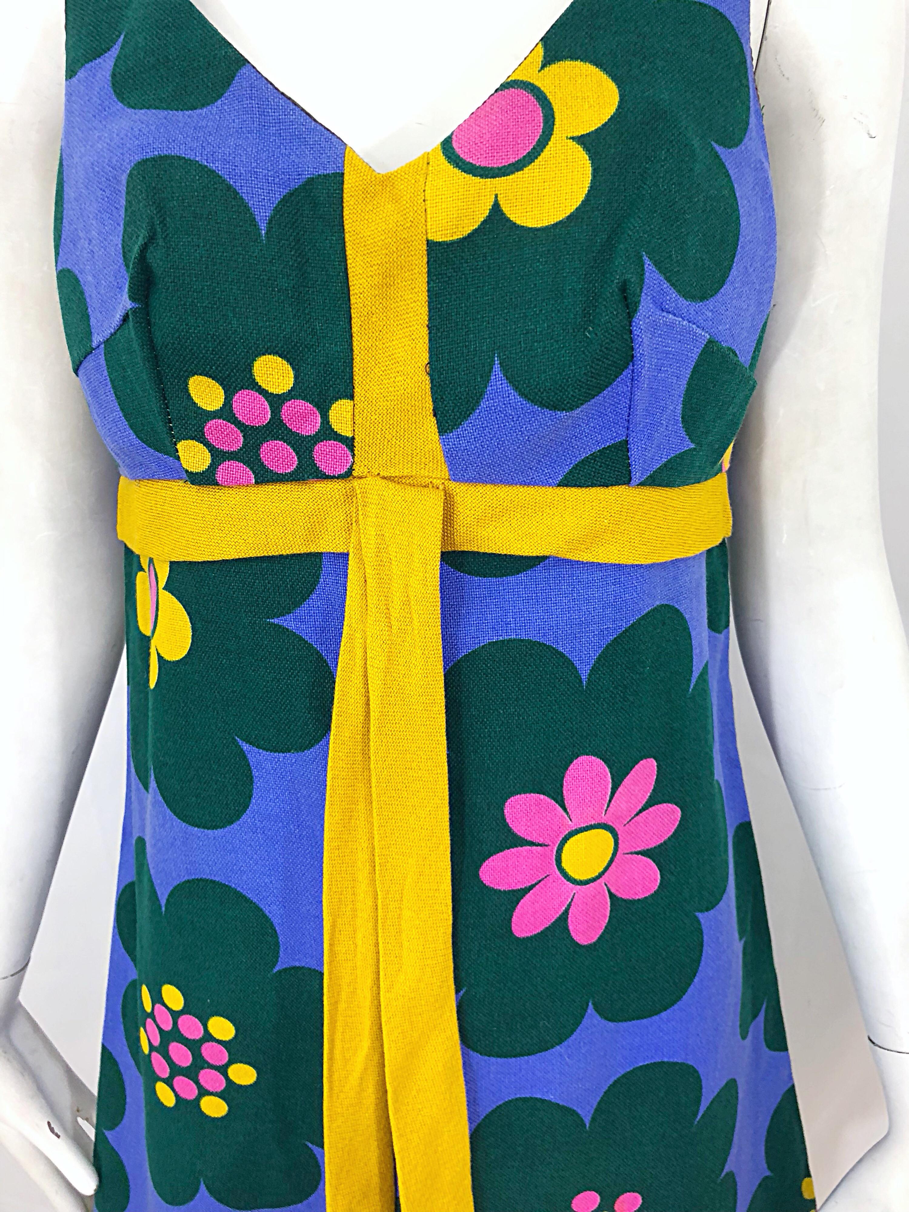 Chic 1960s Linen Flower Purple + Pink + Green + Yellow Vintage 60s A Line Dress For Sale 2