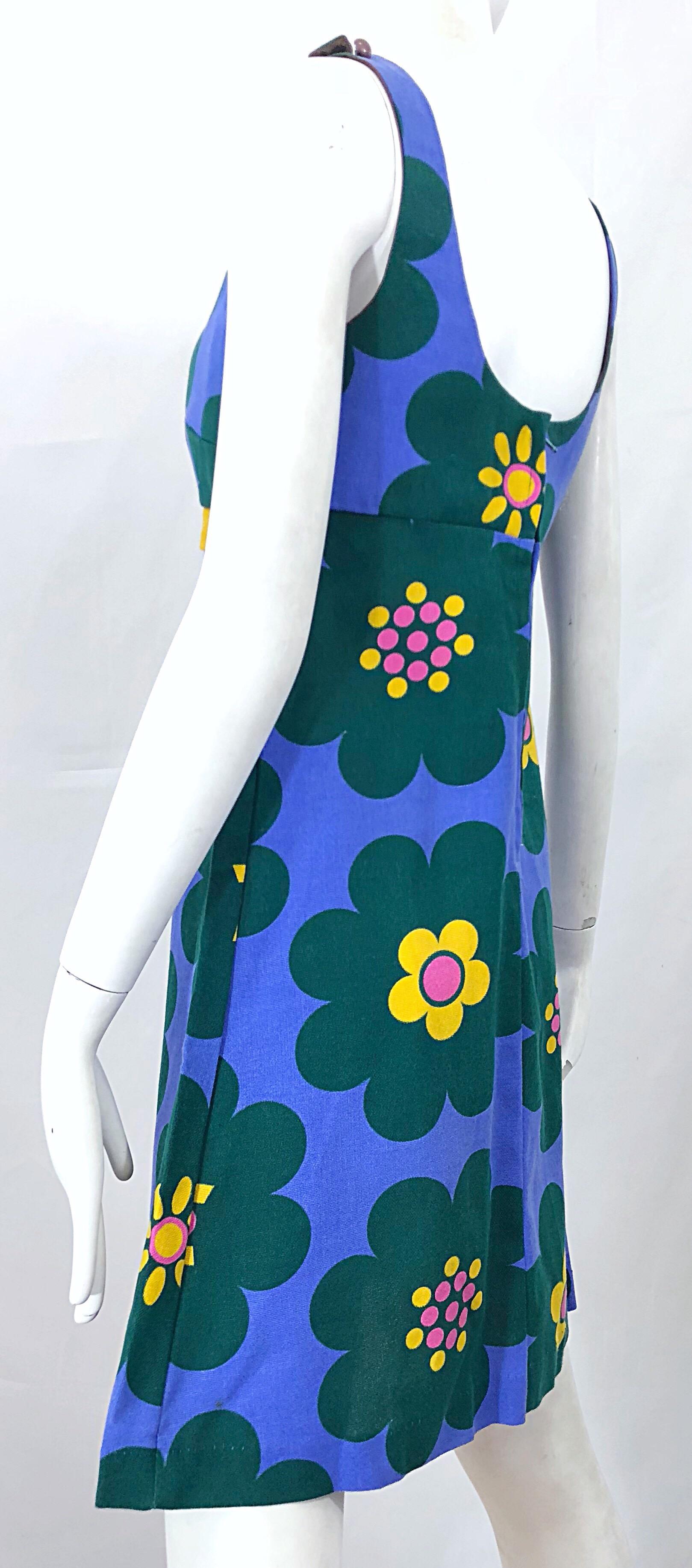 Chic 1960s Linen Flower Purple + Pink + Green + Yellow Vintage 60s A Line Dress For Sale 3