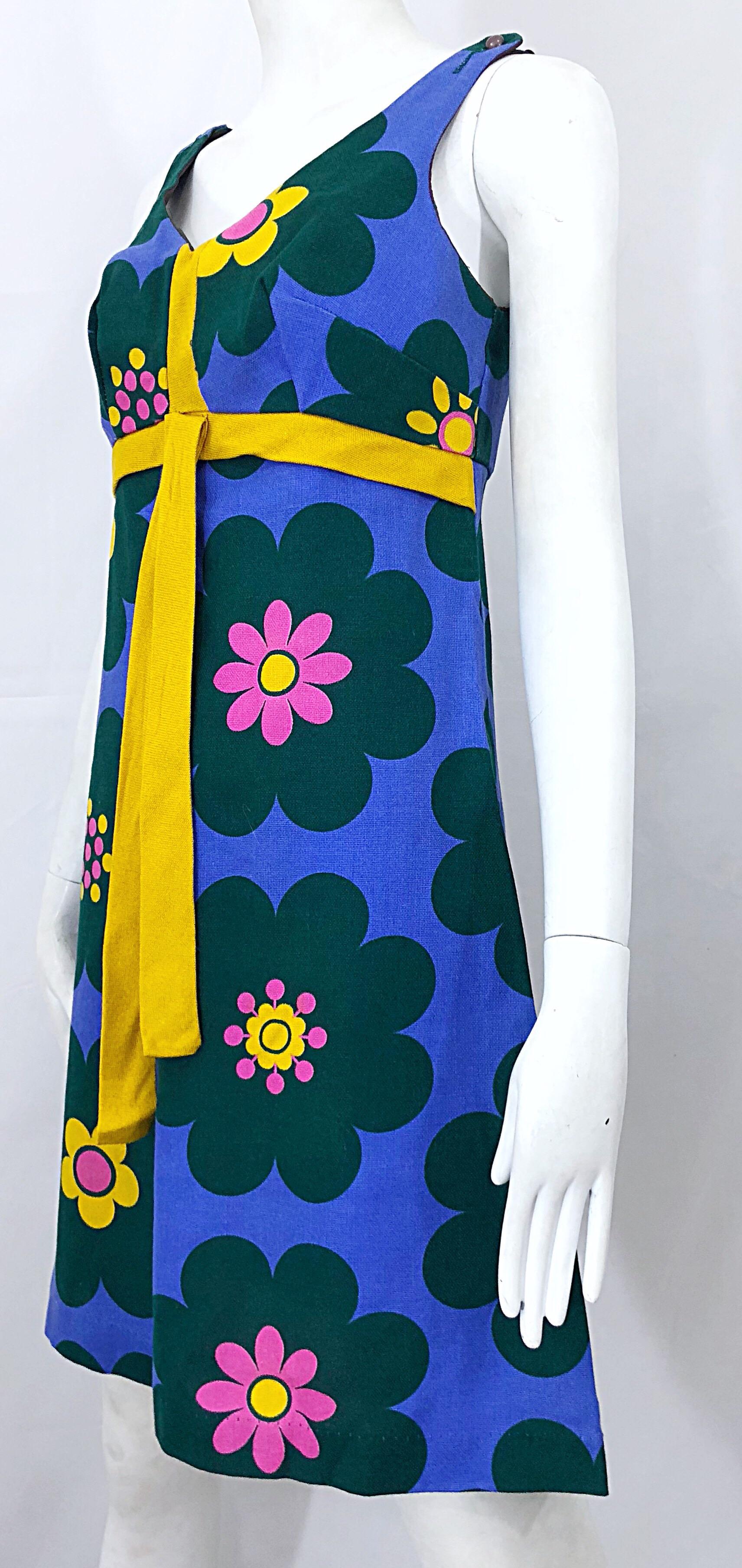 Chic 1960s Linen Flower Purple + Pink + Green + Yellow Vintage 60s A Line Dress For Sale 4