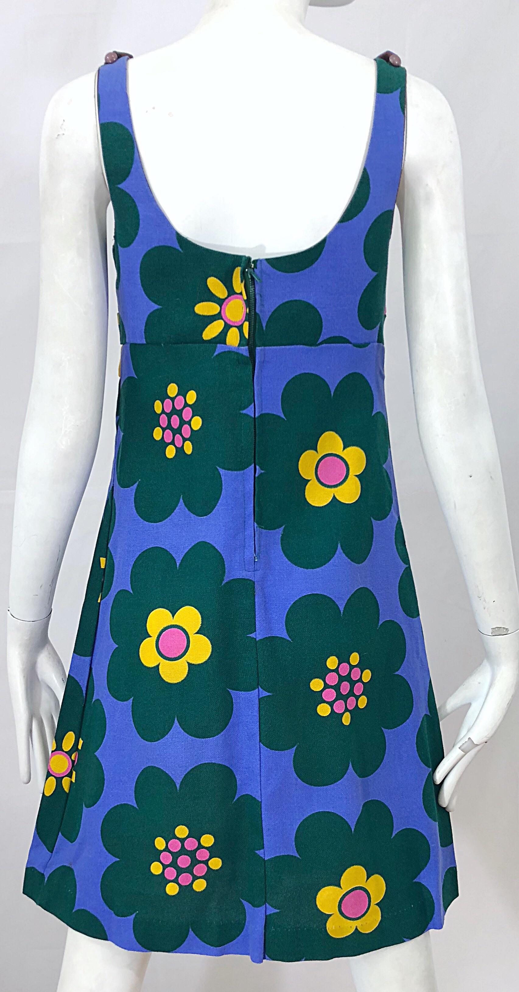 Chic 1960s Linen Flower Purple + Pink + Green + Yellow Vintage 60s A Line Dress For Sale 6