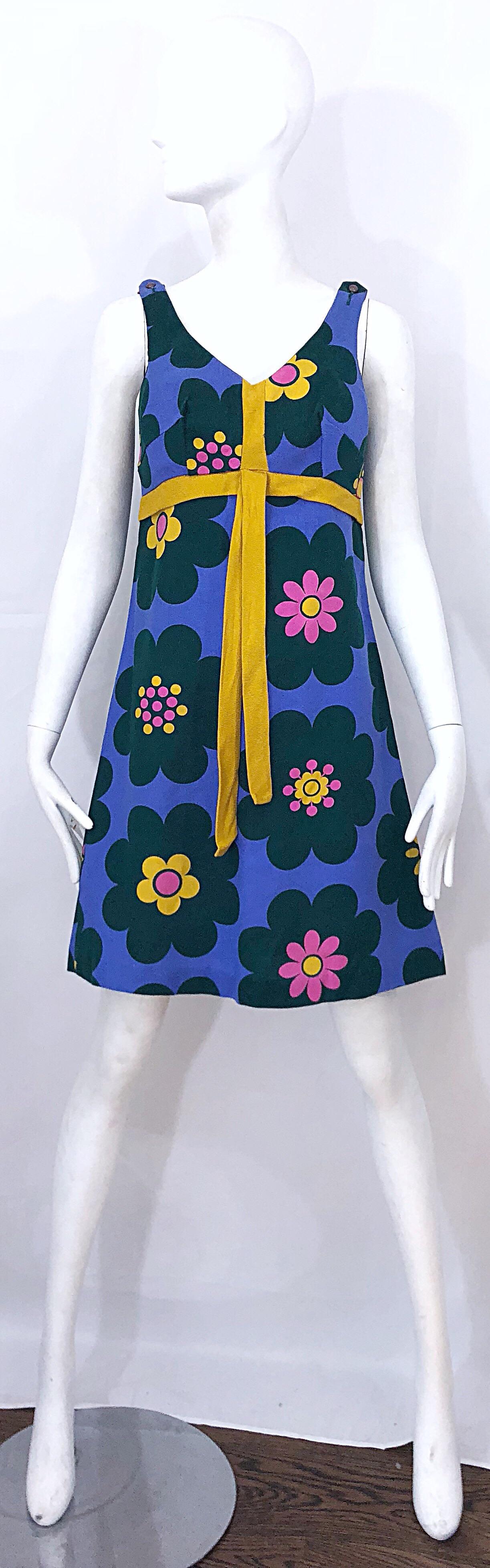 Chic 1960s Linen Flower Purple + Pink + Green + Yellow Vintage 60s A Line Dress For Sale 8