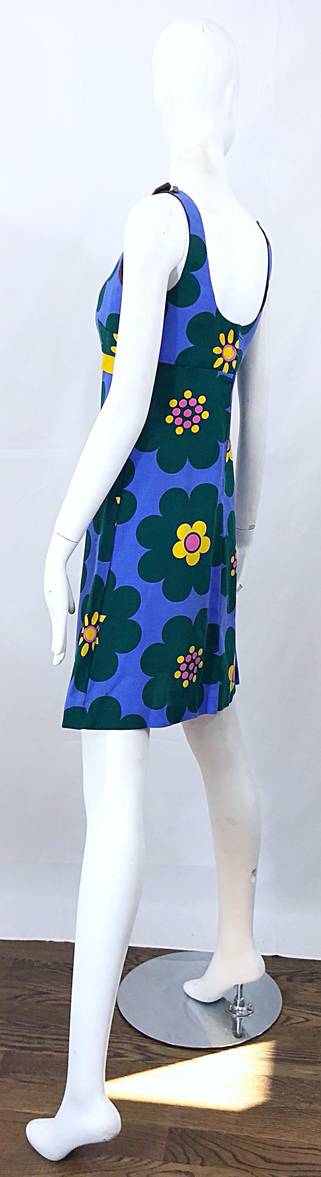 Chic 1960s Linen Flower Purple + Pink + Green + Yellow Vintage 60s A Line Dress For Sale 9