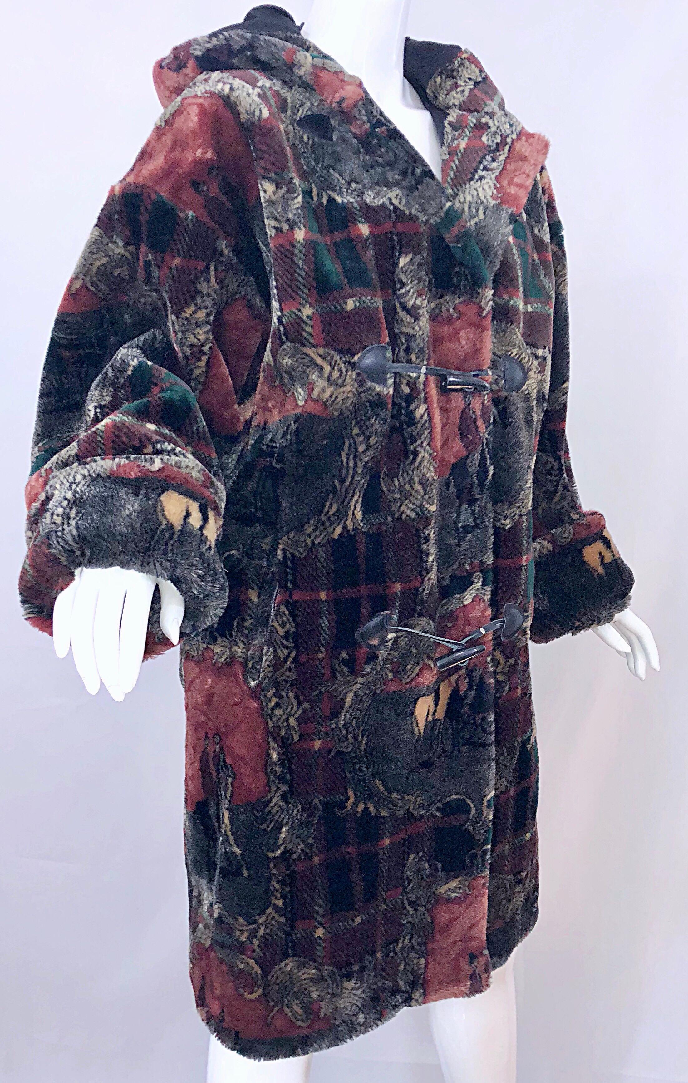Extra Plush Vintage Faux Fur Equestrian Plaid Print Oversized Hooded Jacket In Excellent Condition For Sale In San Diego, CA