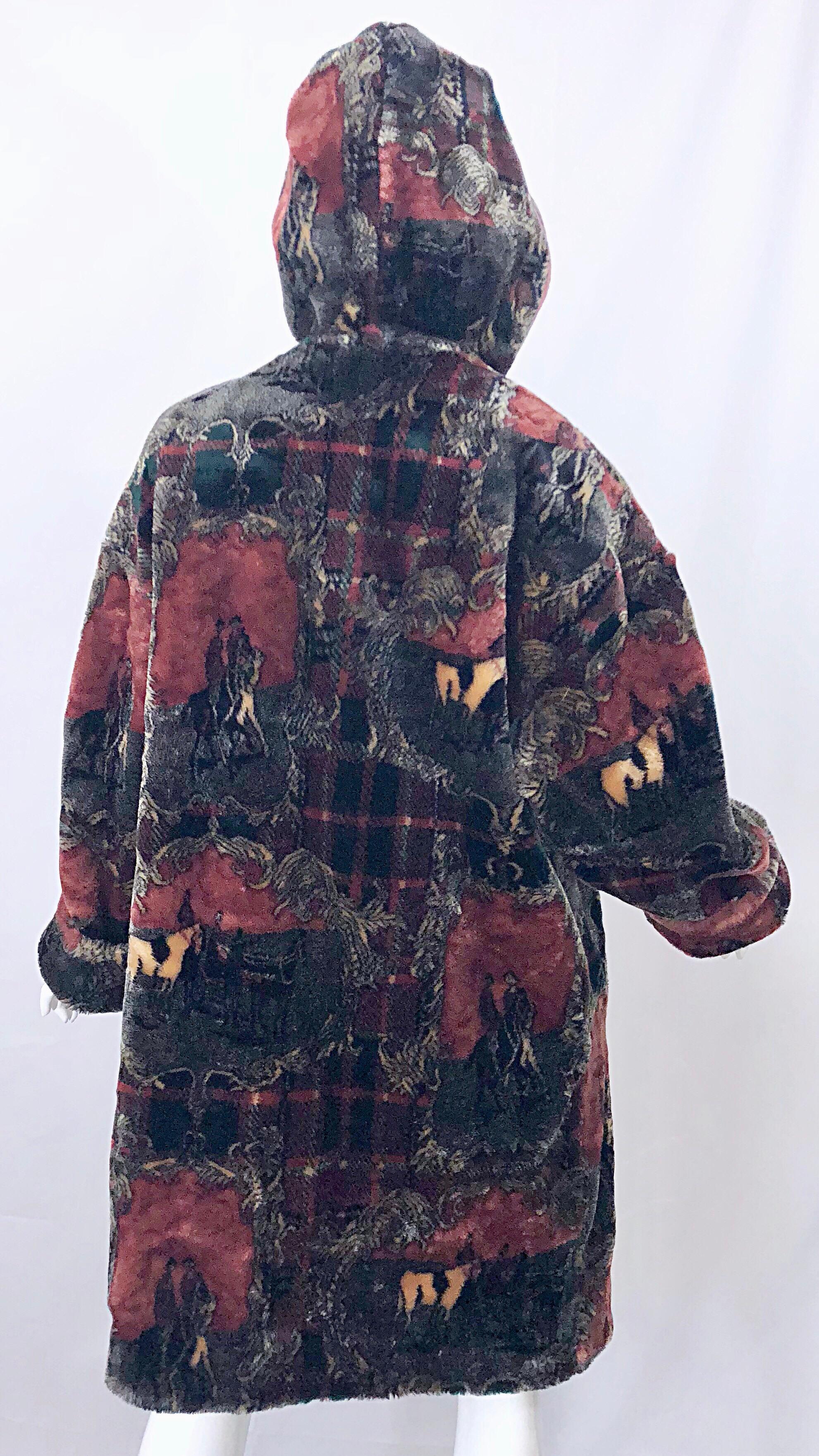 Women's or Men's Extra Plush Vintage Faux Fur Equestrian Plaid Print Oversized Hooded Jacket For Sale