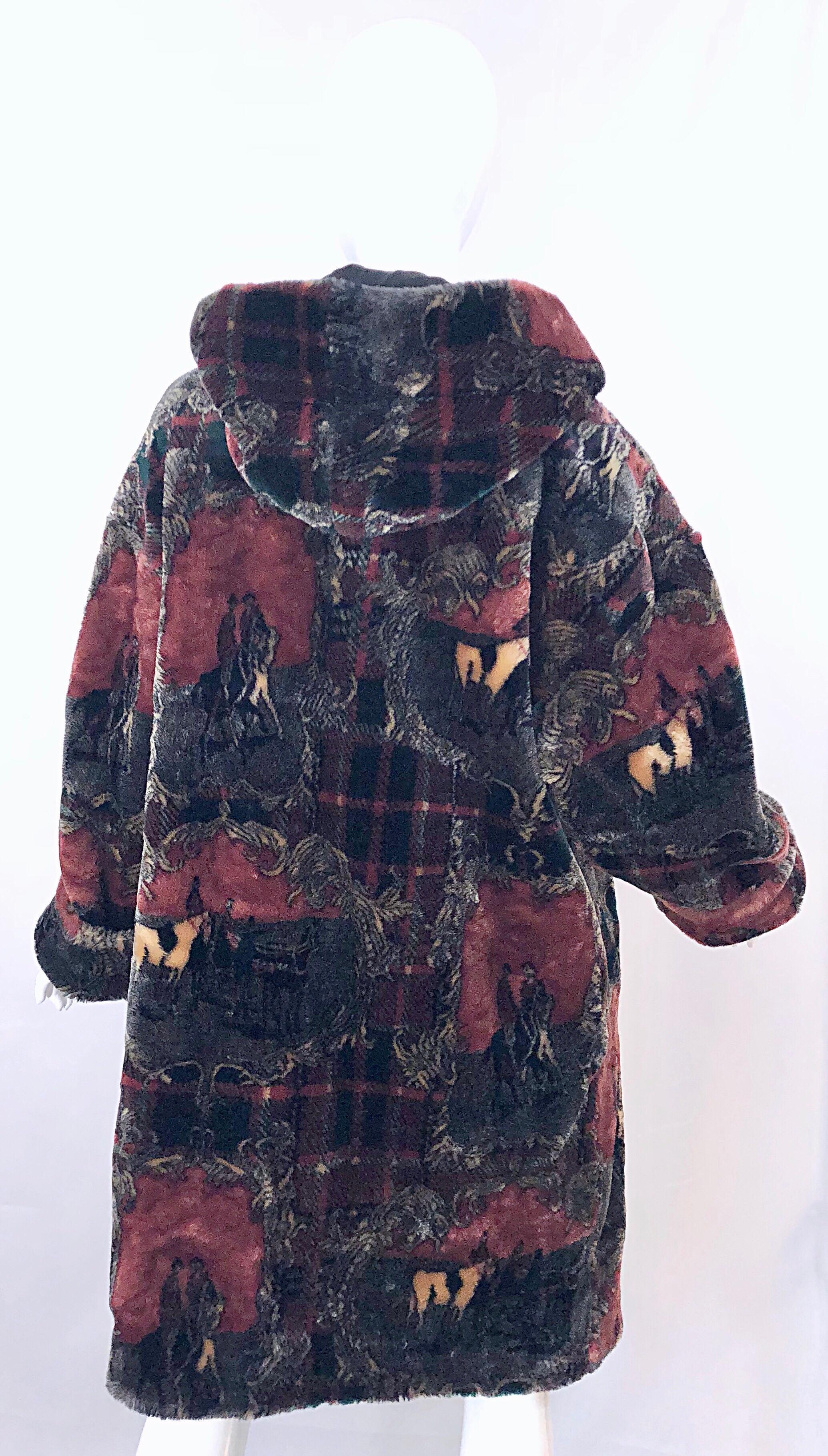 Extra Plush Vintage Faux Fur Equestrian Plaid Print Oversized Hooded Jacket For Sale 2