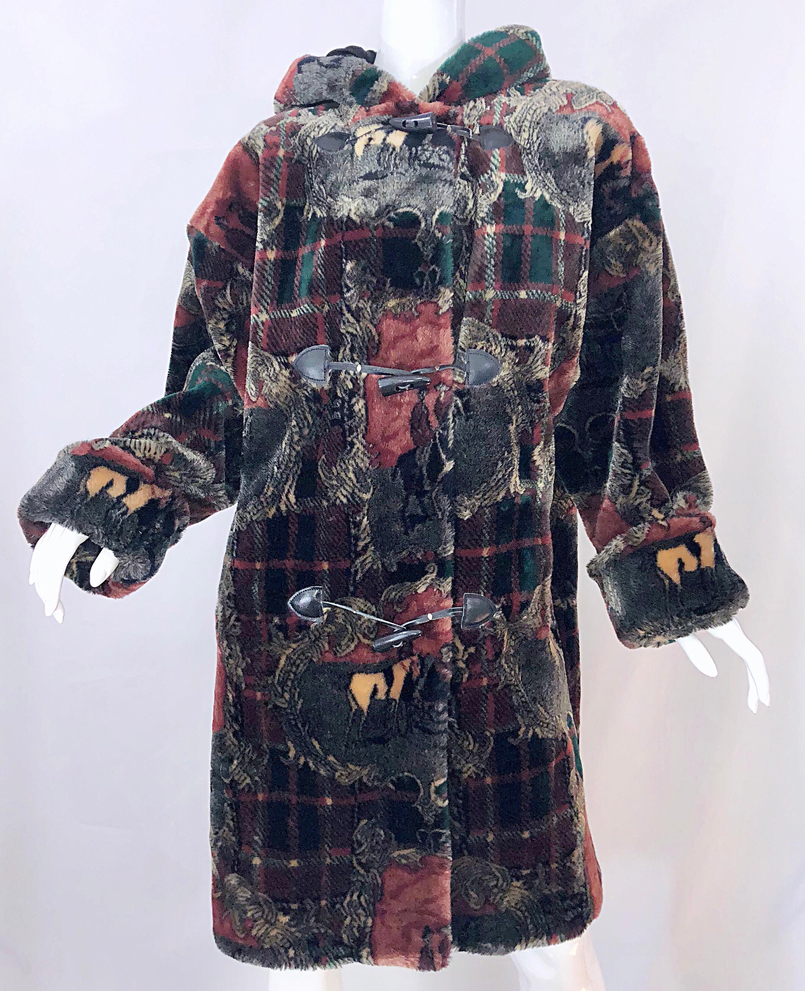 Extra Plush Vintage Faux Fur Equestrian Plaid Print Oversized Hooded Jacket For Sale 3