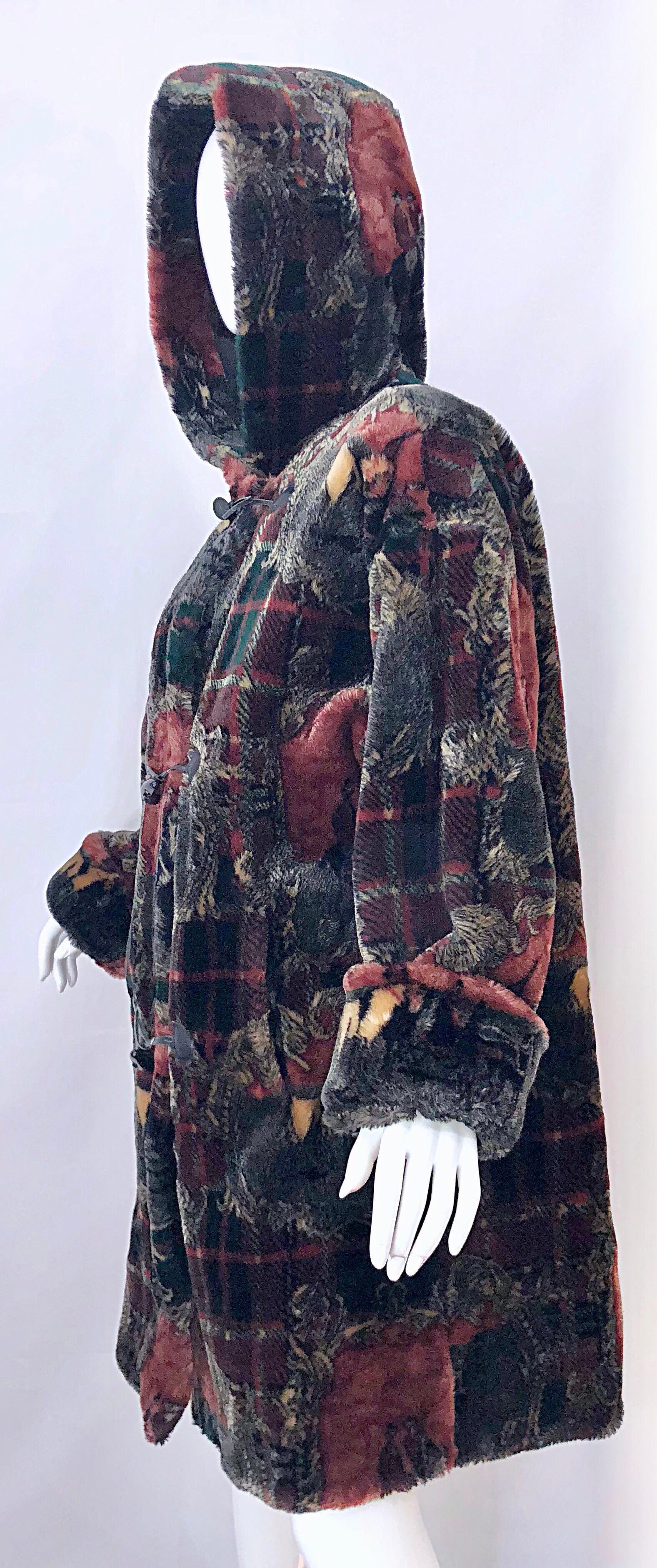 Extra Plush Vintage Faux Fur Equestrian Plaid Print Oversized Hooded Jacket For Sale 4