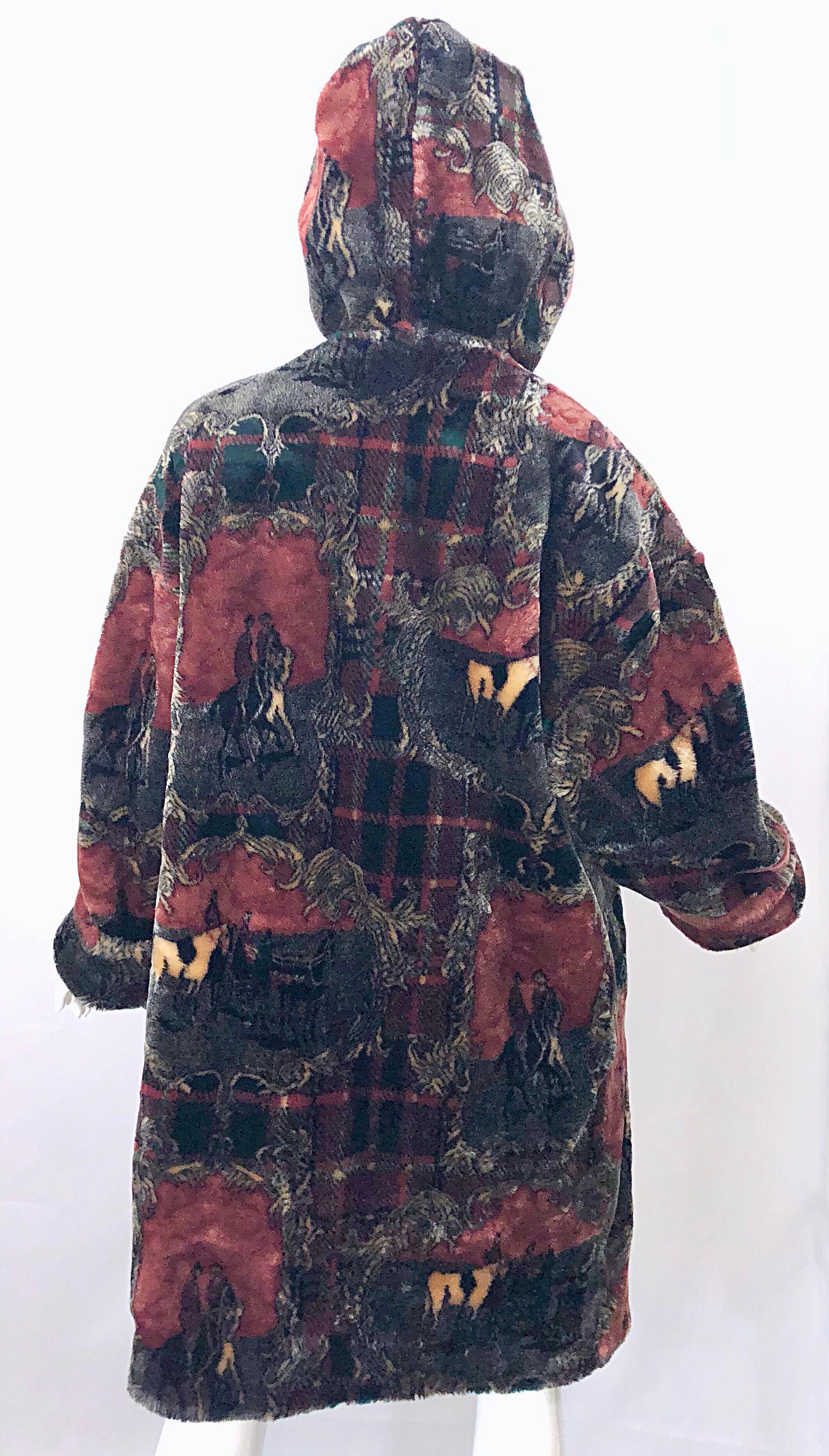 Extra Plush Vintage Faux Fur Equestrian Plaid Print Oversized Hooded Jacket For Sale 5