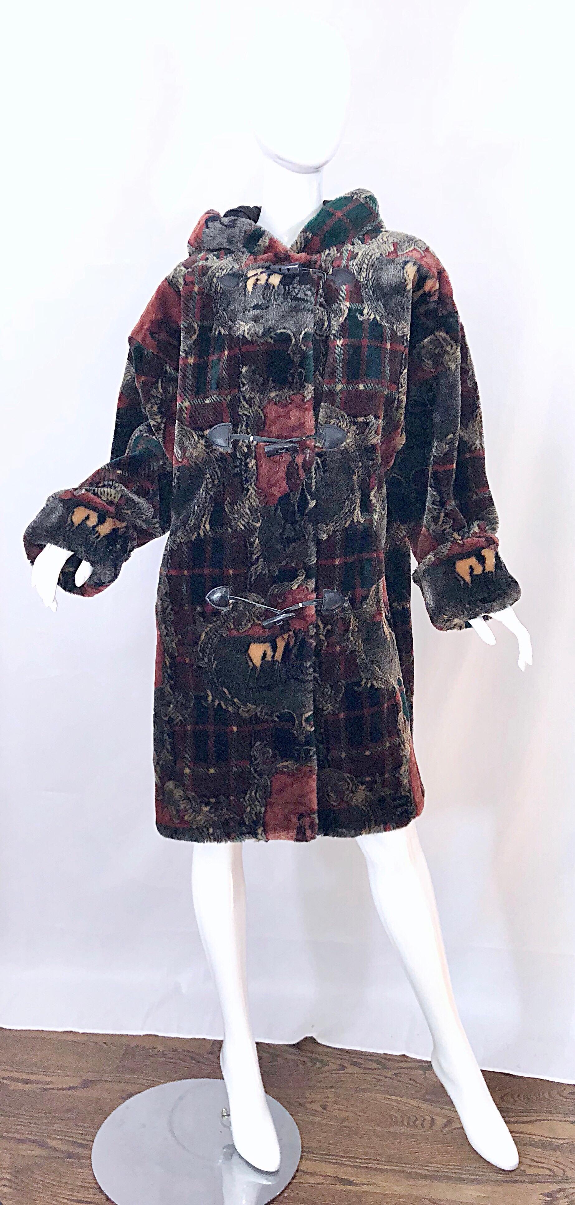 Extra Plush Vintage Faux Fur Equestrian Plaid Print Oversized Hooded Jacket For Sale 6