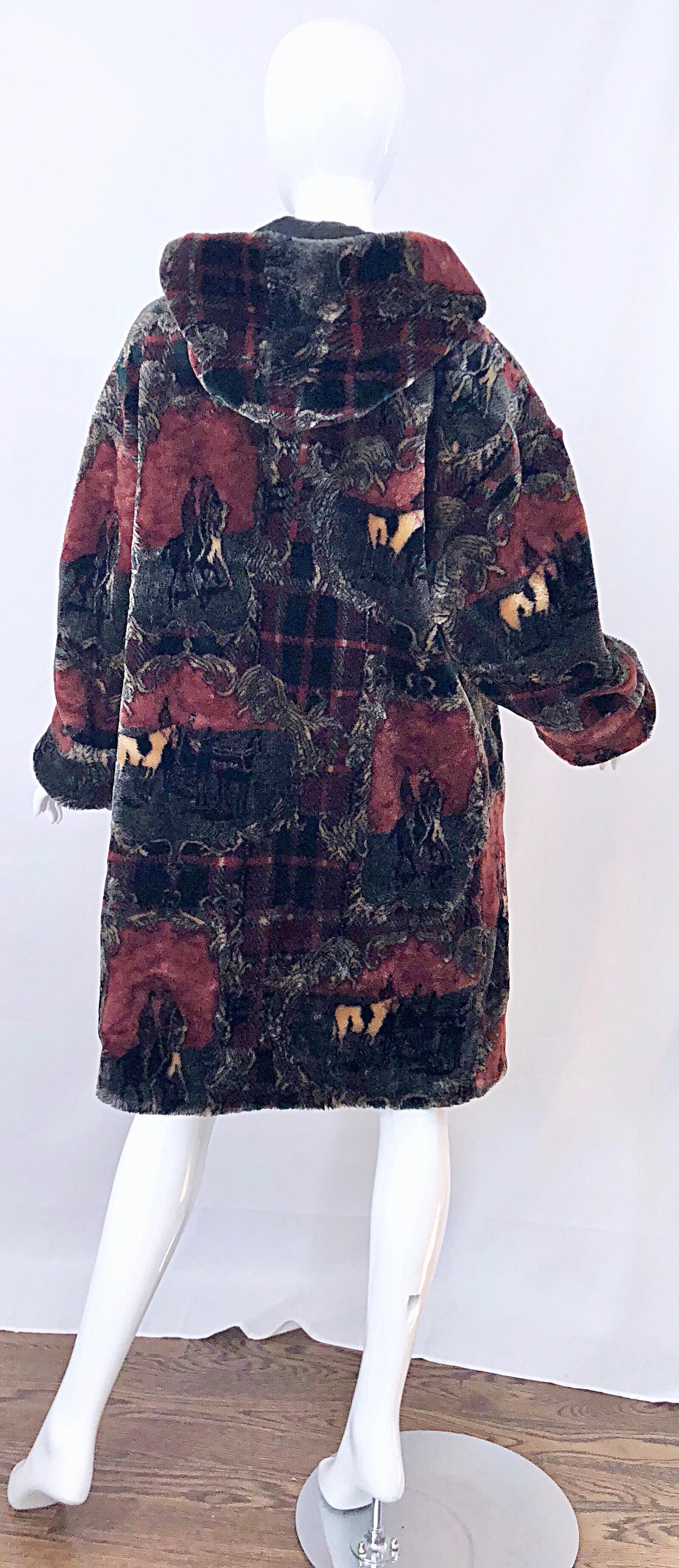 Extra Plush Vintage Faux Fur Equestrian Plaid Print Oversized Hooded Jacket For Sale 7