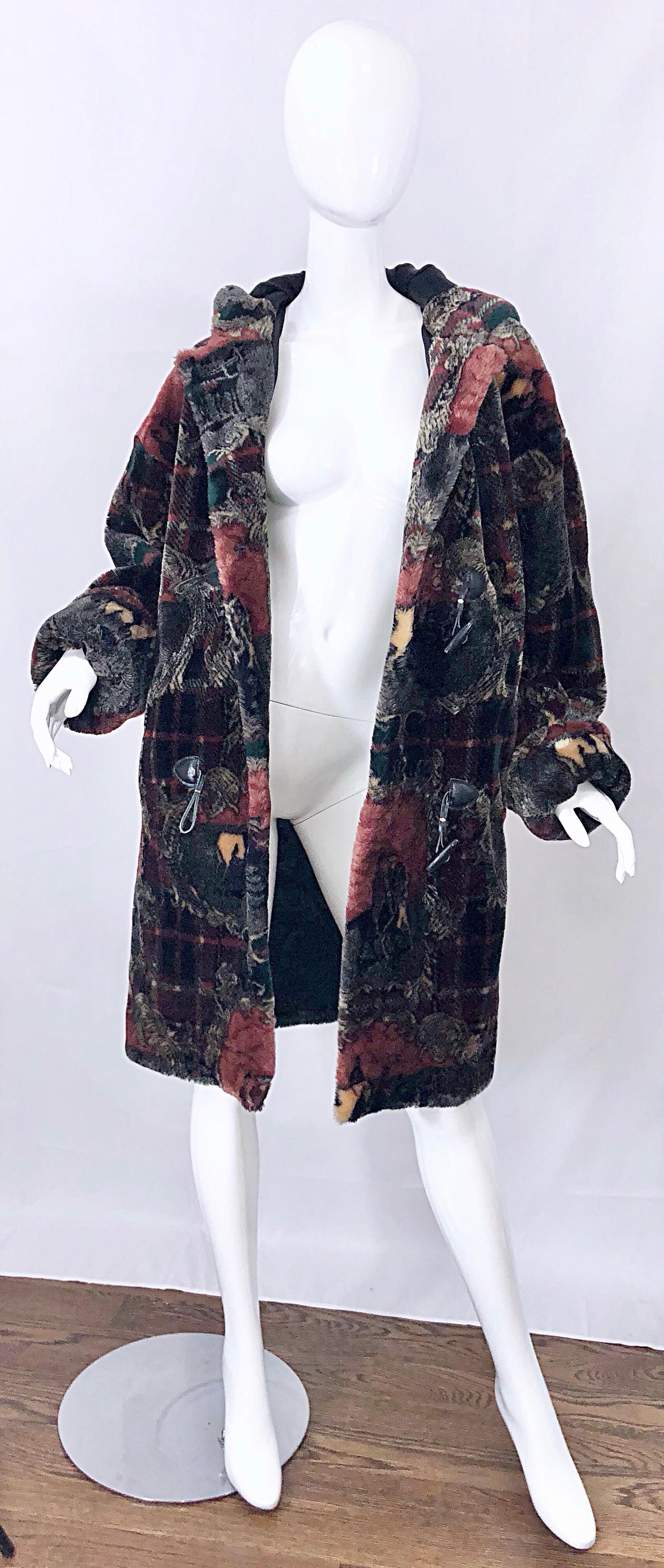 Extra Plush Vintage Faux Fur Equestrian Plaid Print Oversized Hooded Jacket For Sale 8