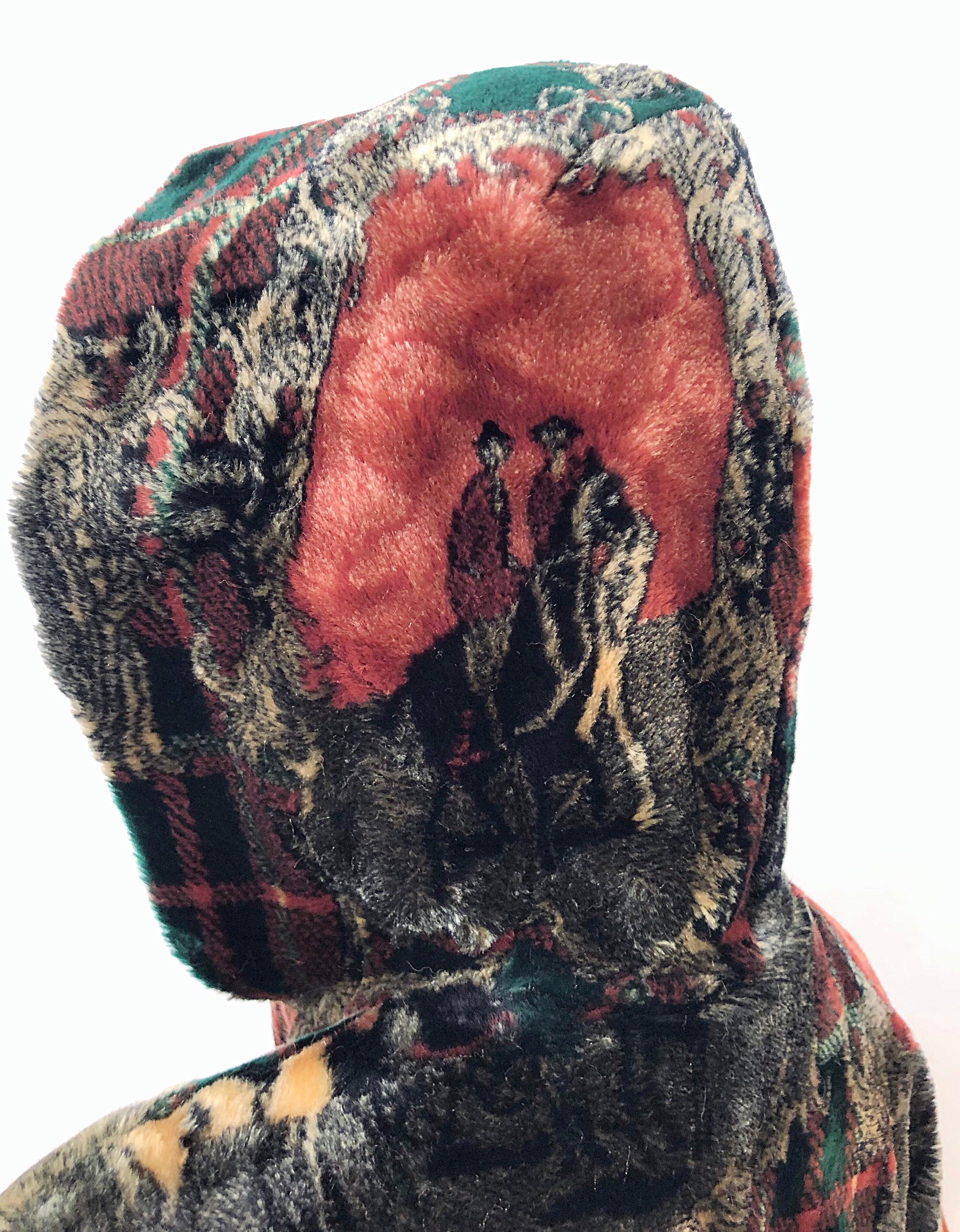 Extra Plush Vintage Faux Fur Equestrian Plaid Print Oversized Hooded Jacket For Sale 10