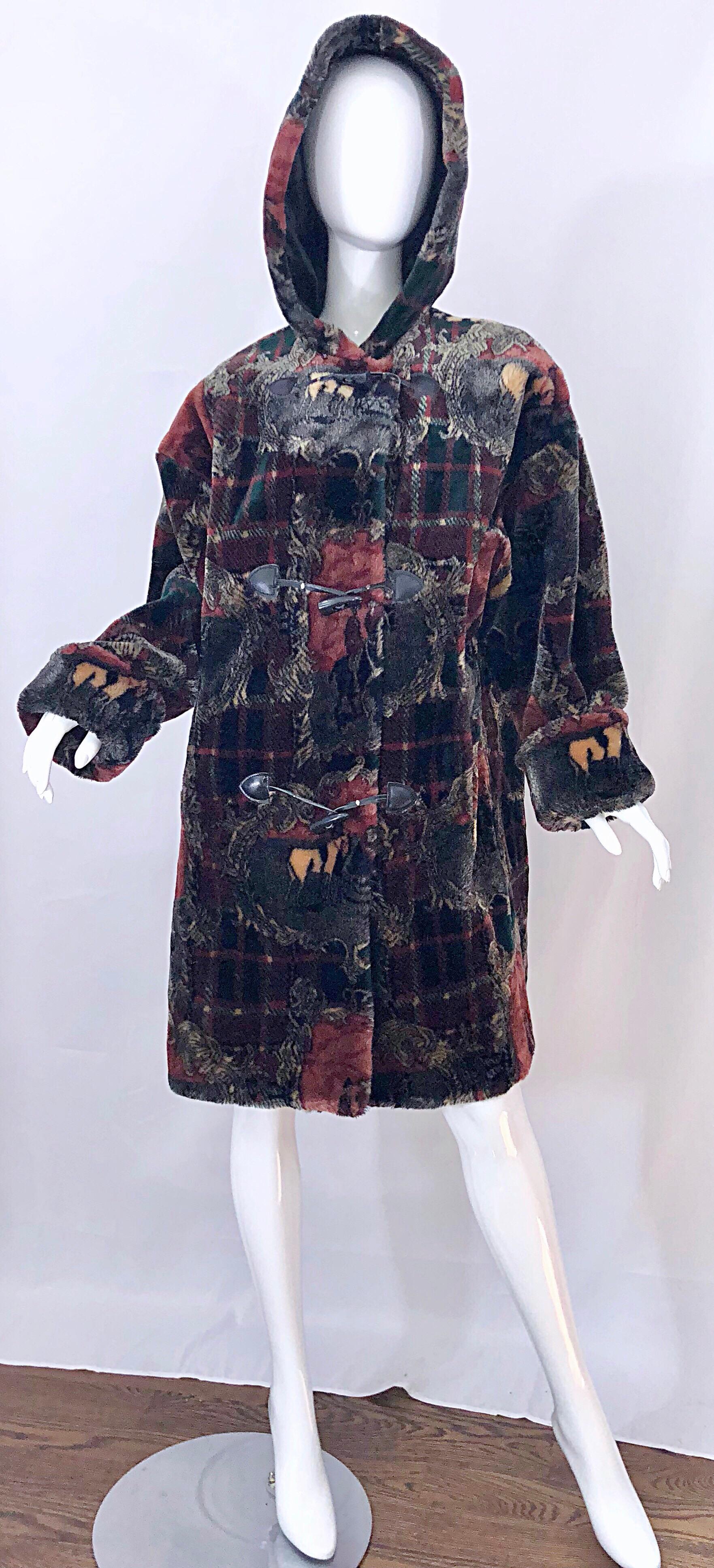 Extra Plush Vintage Faux Fur Equestrian Plaid Print Oversized Hooded Jacket For Sale 12