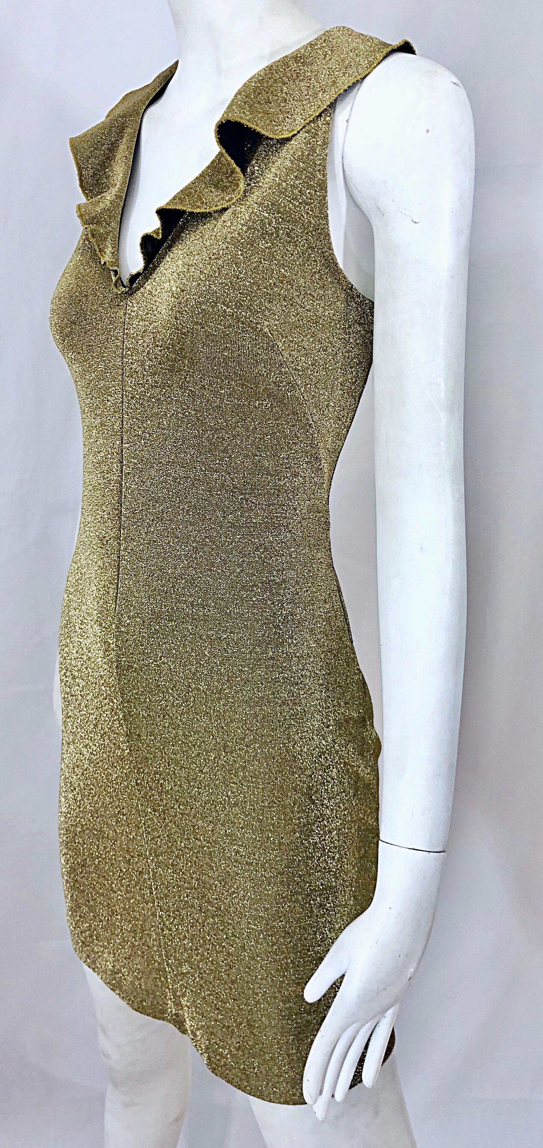 Women's Margano 1990s Italian Gold Metallic Sexy Jersey Vintage Bodycon 90s Dress For Sale