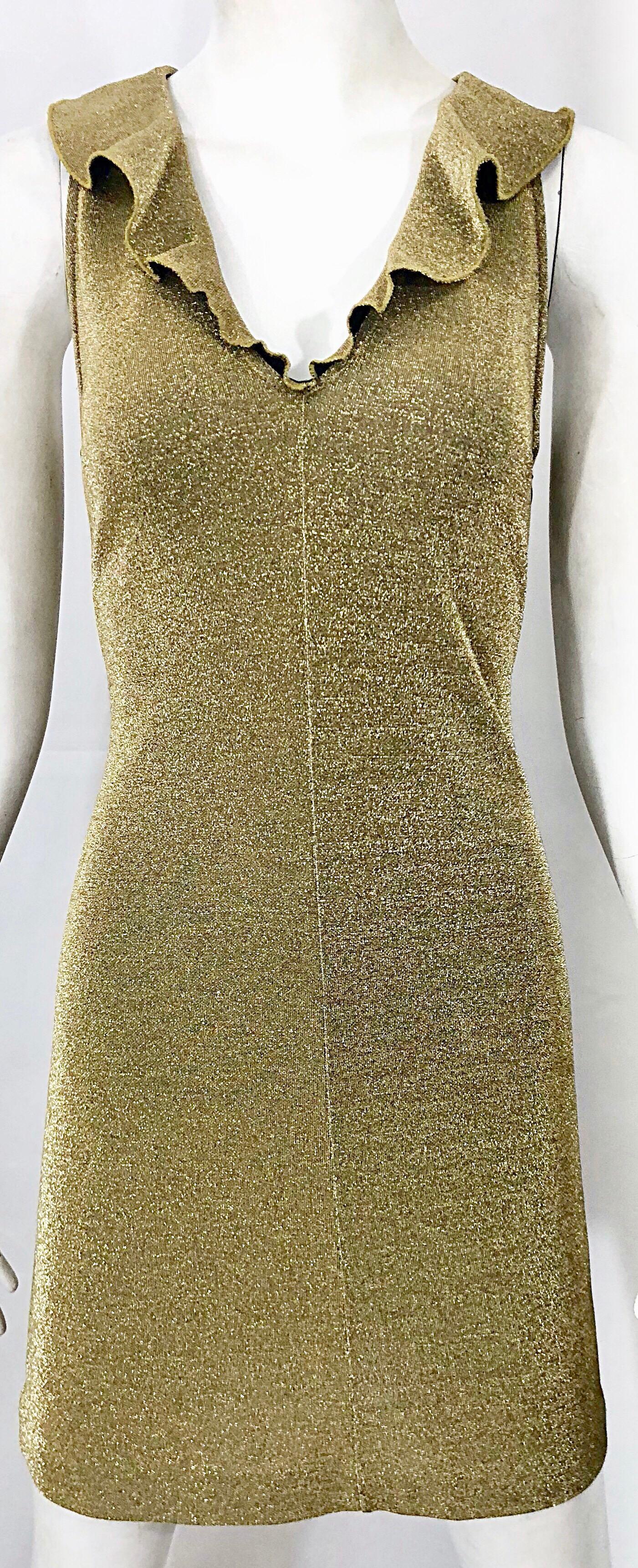 Margano 1990s Italian Gold Metallic Sexy Jersey Vintage Bodycon 90s Dress For Sale 1