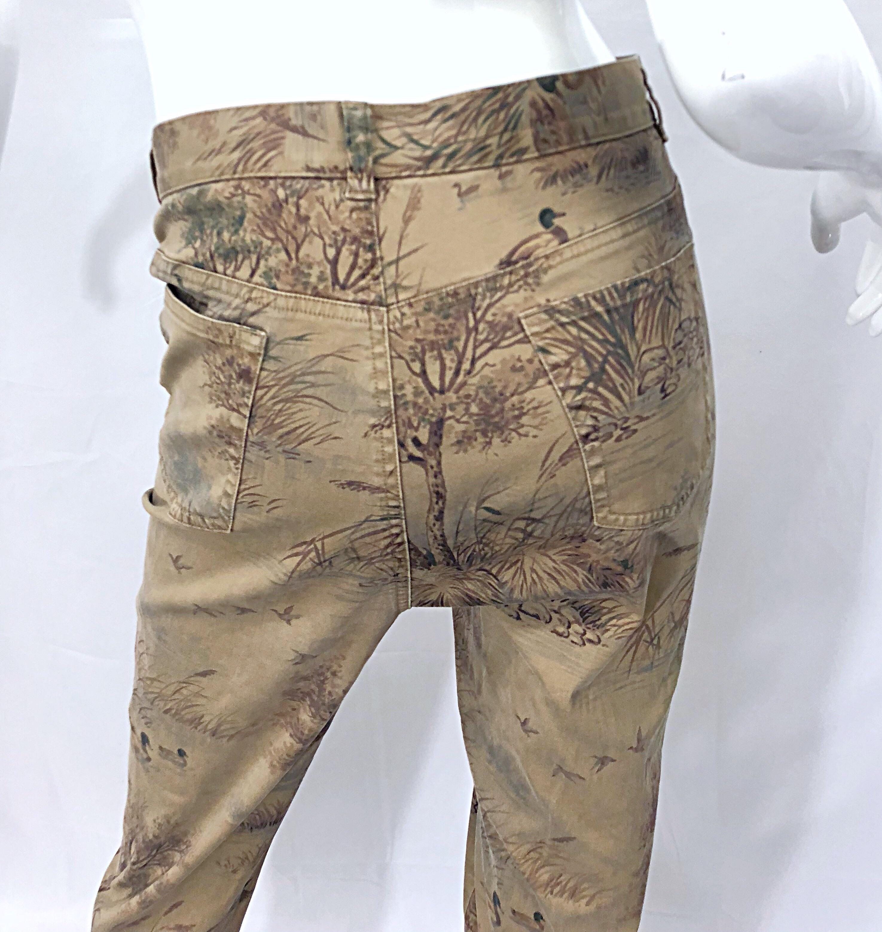 Size 14 1990s Ralph Lauren Camouflage Rare High Waisted Slim 90s Trousers Pants In Excellent Condition In San Diego, CA