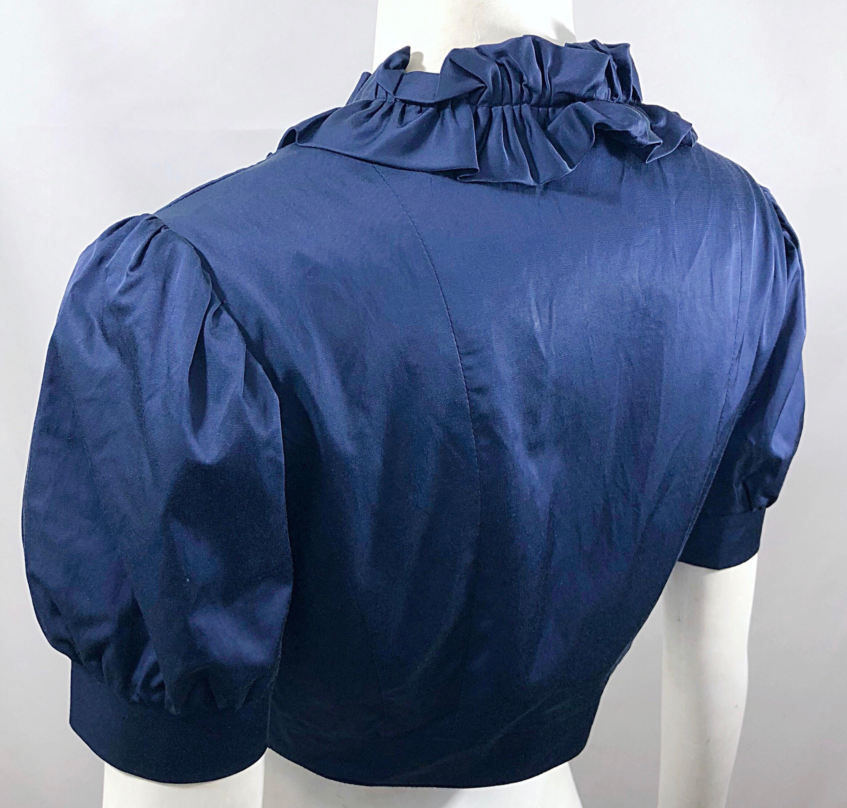 New Flavio Castellani Navy Blue Short Sleeve Rosette Cropped Bolero Jacket Top For Sale 2