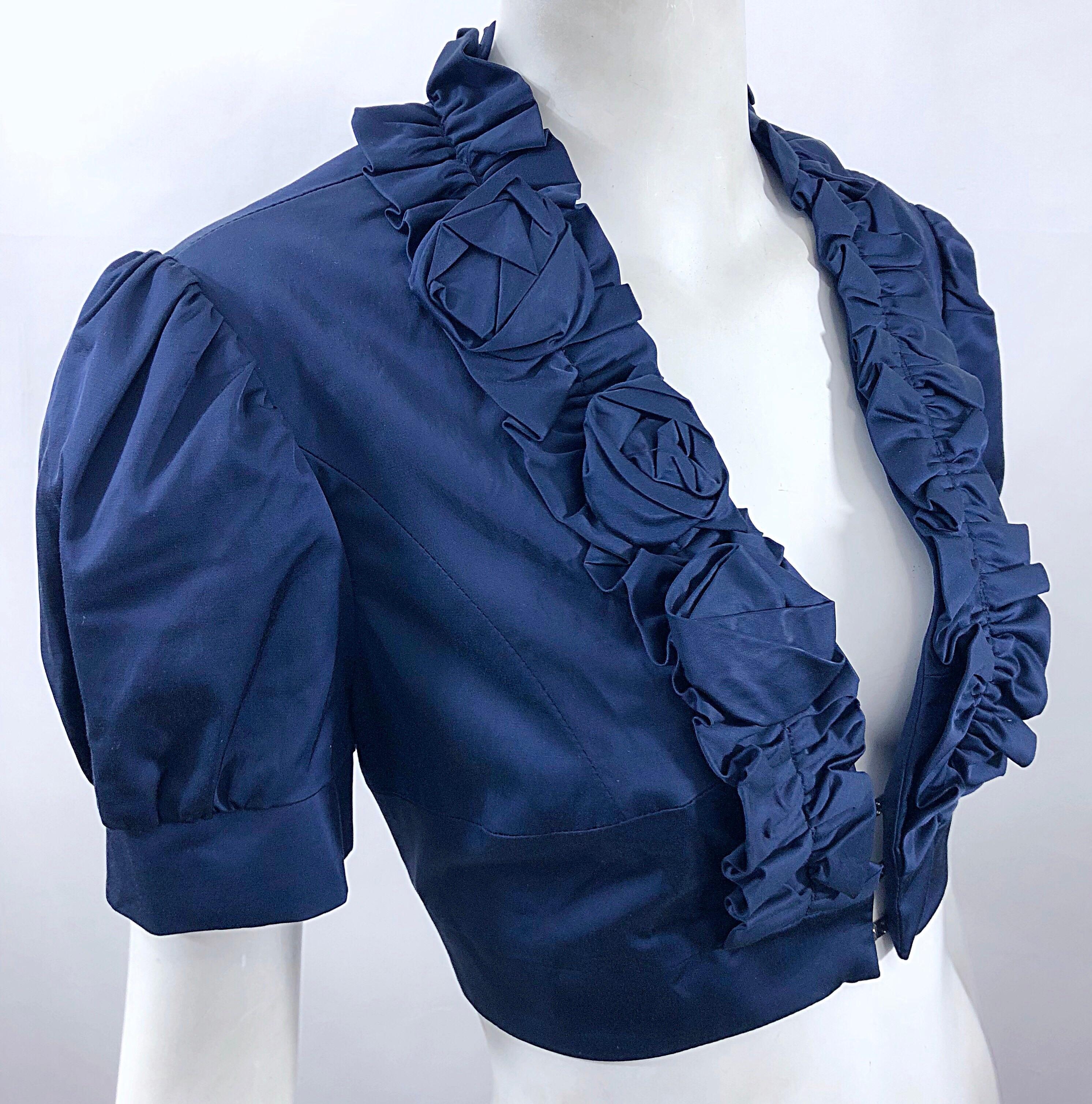 New Flavio Castellani Navy Blue Short Sleeve Rosette Cropped Bolero Jacket Top For Sale 3