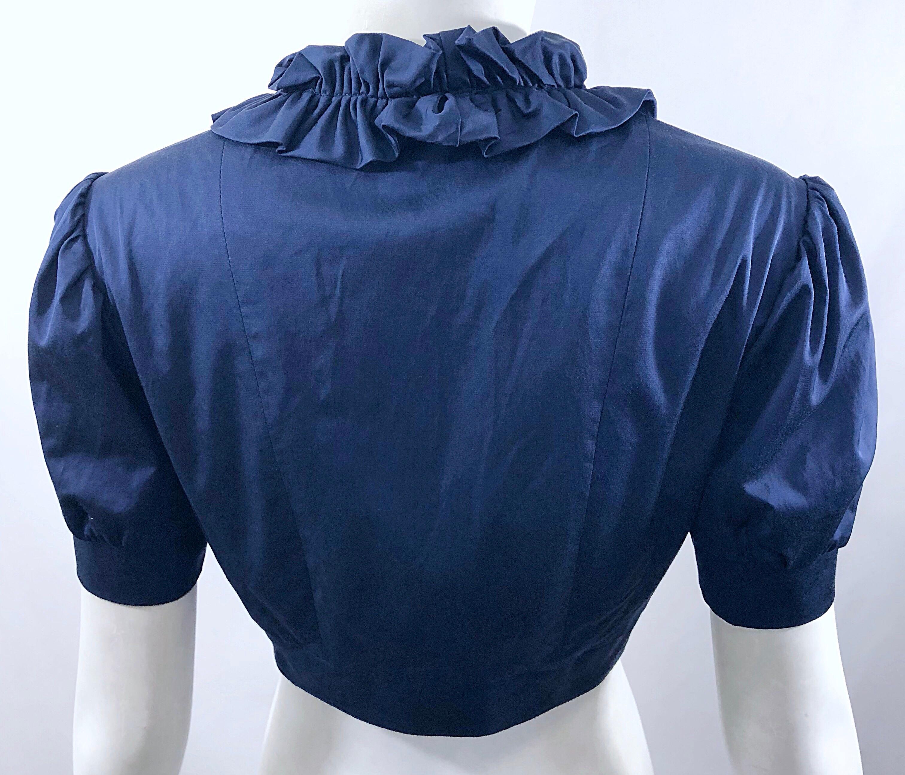 New Flavio Castellani Navy Blue Short Sleeve Rosette Cropped Bolero Jacket Top For Sale 4