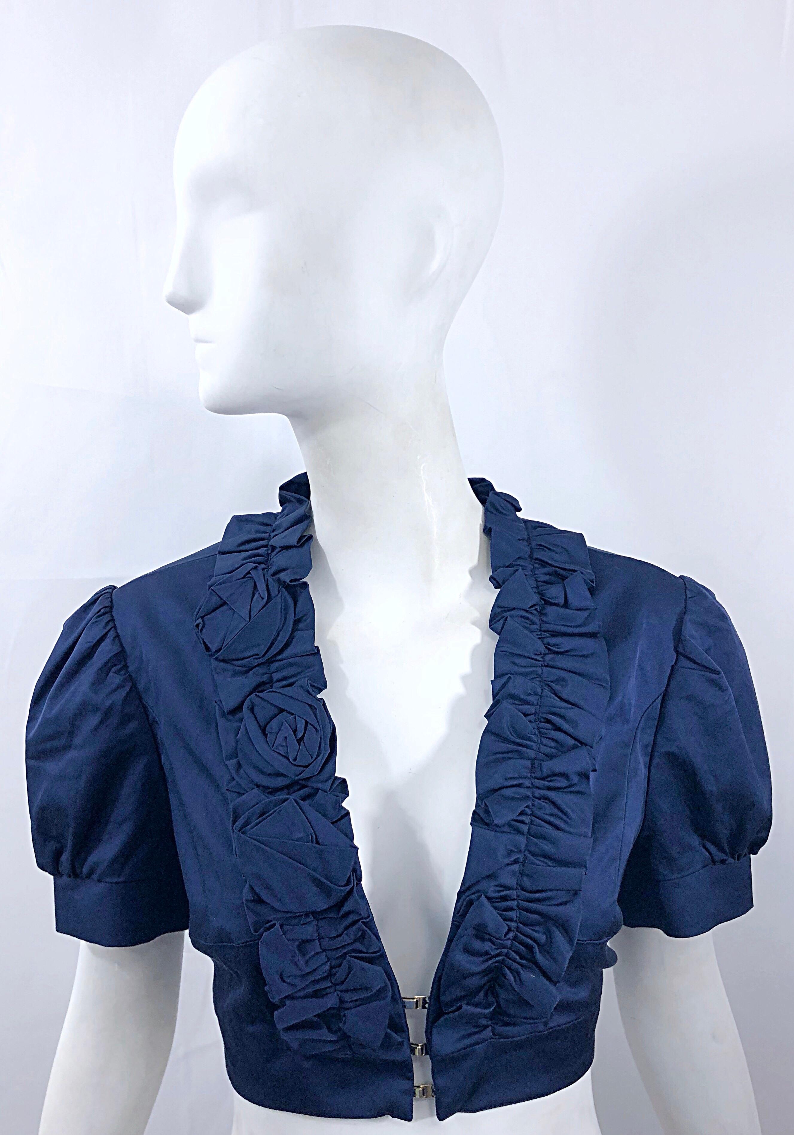 New Flavio Castellani Navy Blue Short Sleeve Rosette Cropped Bolero Jacket Top For Sale 6