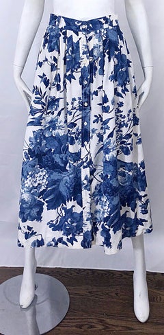 Vintage Ralph Lauren 1990s Blue + White Floral Print 90s Cotton Midi Skirt