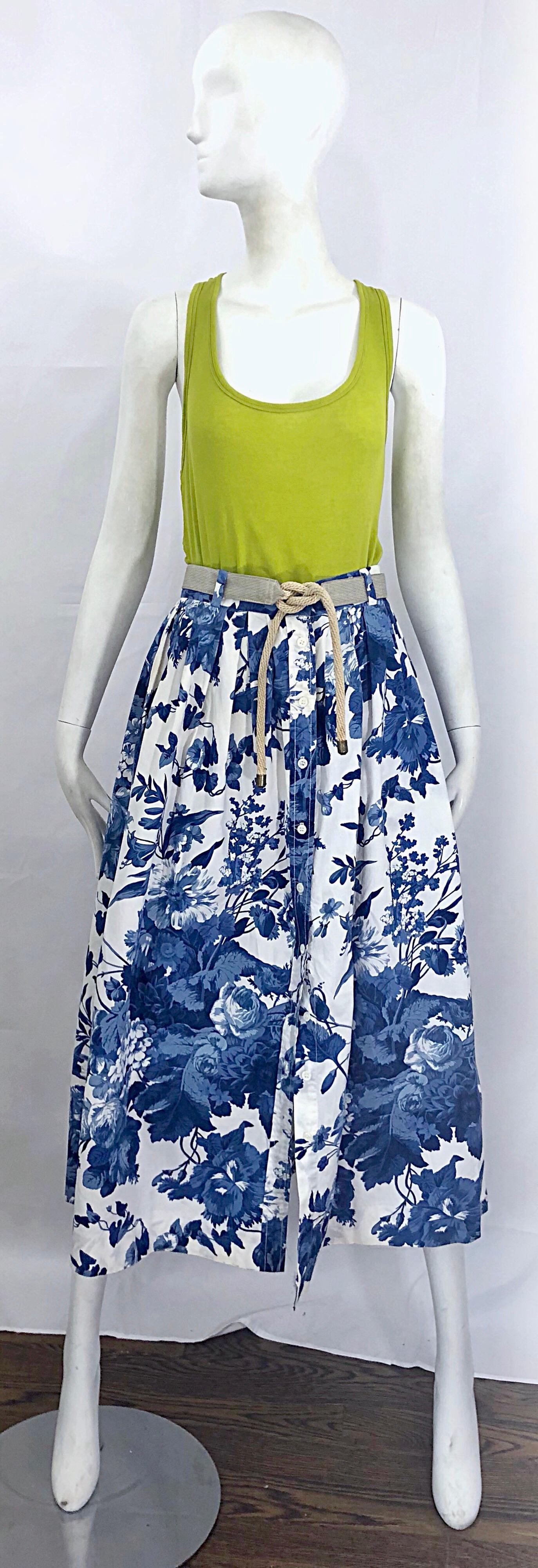 blue and white midi skirt