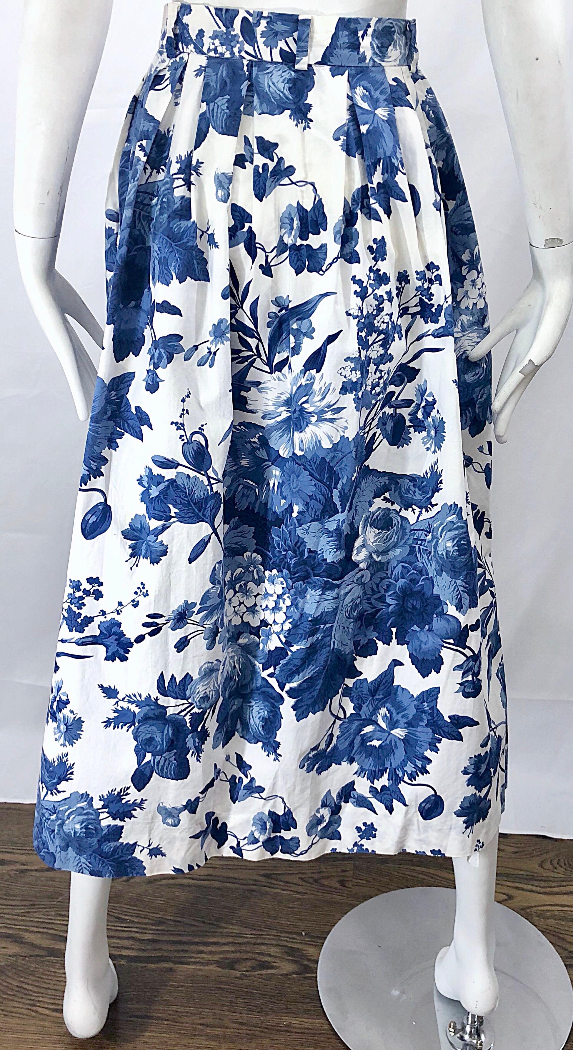 Vintage Ralph Lauren 1990s Blue + White Floral Print 90s Cotton Midi ...