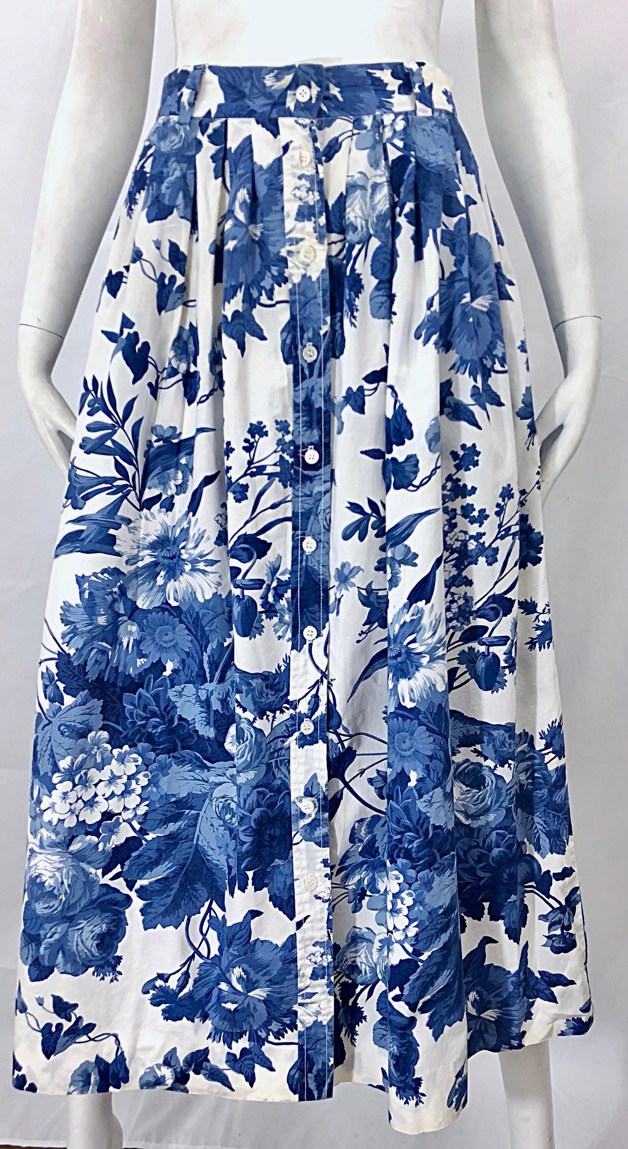 Vintage Ralph Lauren 1990s Blue + White Floral Print 90s Cotton Midi Skirt For Sale 1