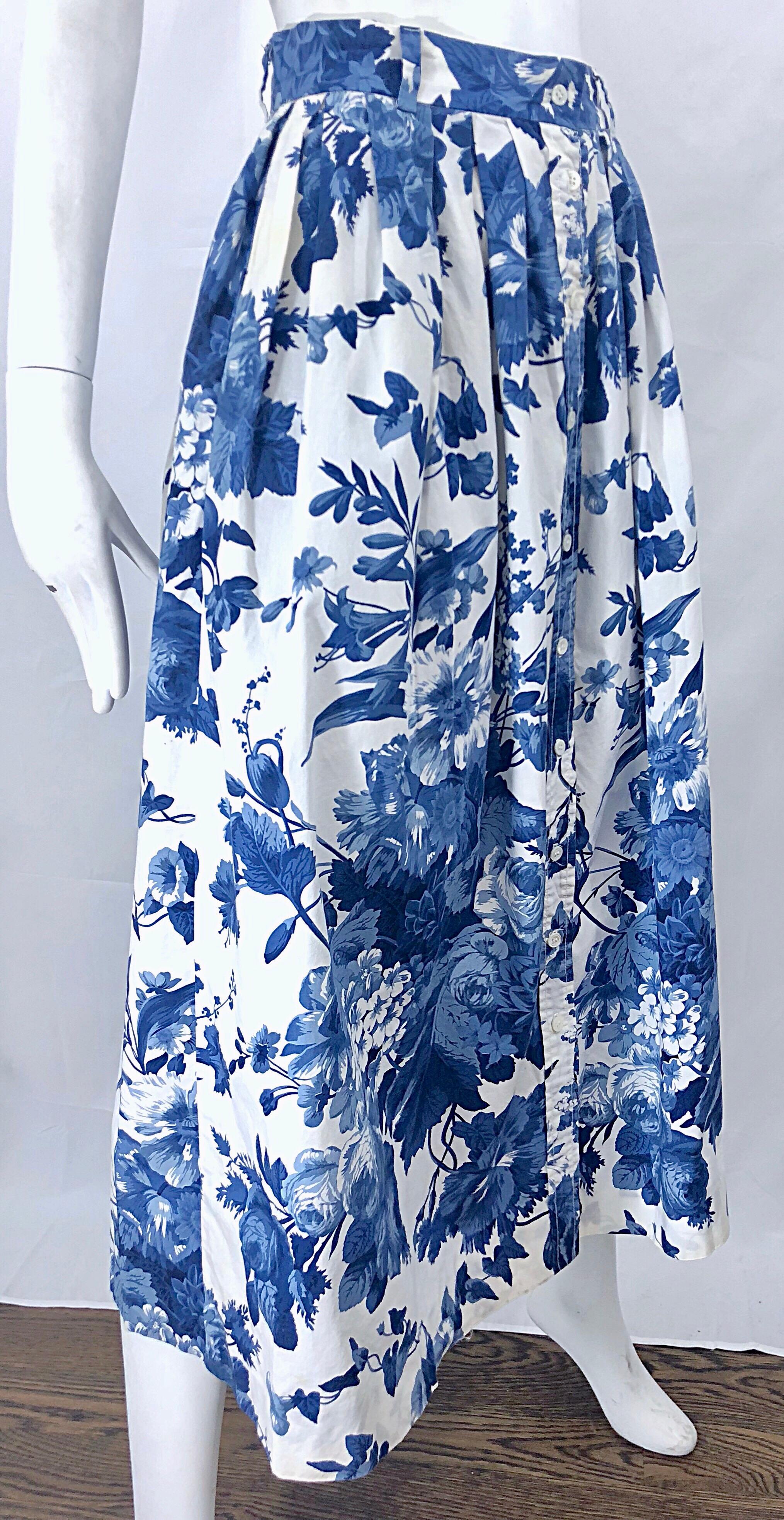 Vintage Ralph Lauren 1990s Blue + White Floral Print 90s Cotton Midi Skirt For Sale 4