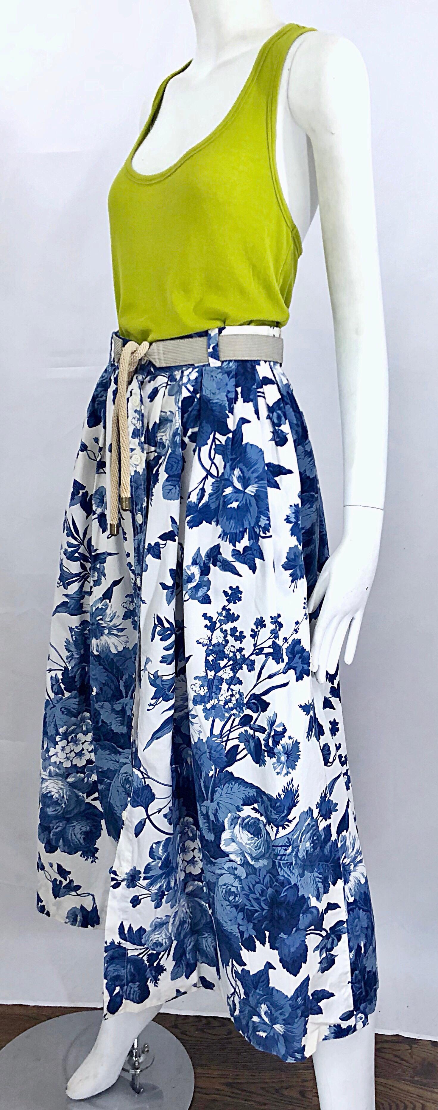 Vintage Ralph Lauren 1990s Blue + White Floral Print 90s Cotton Midi Skirt For Sale 6