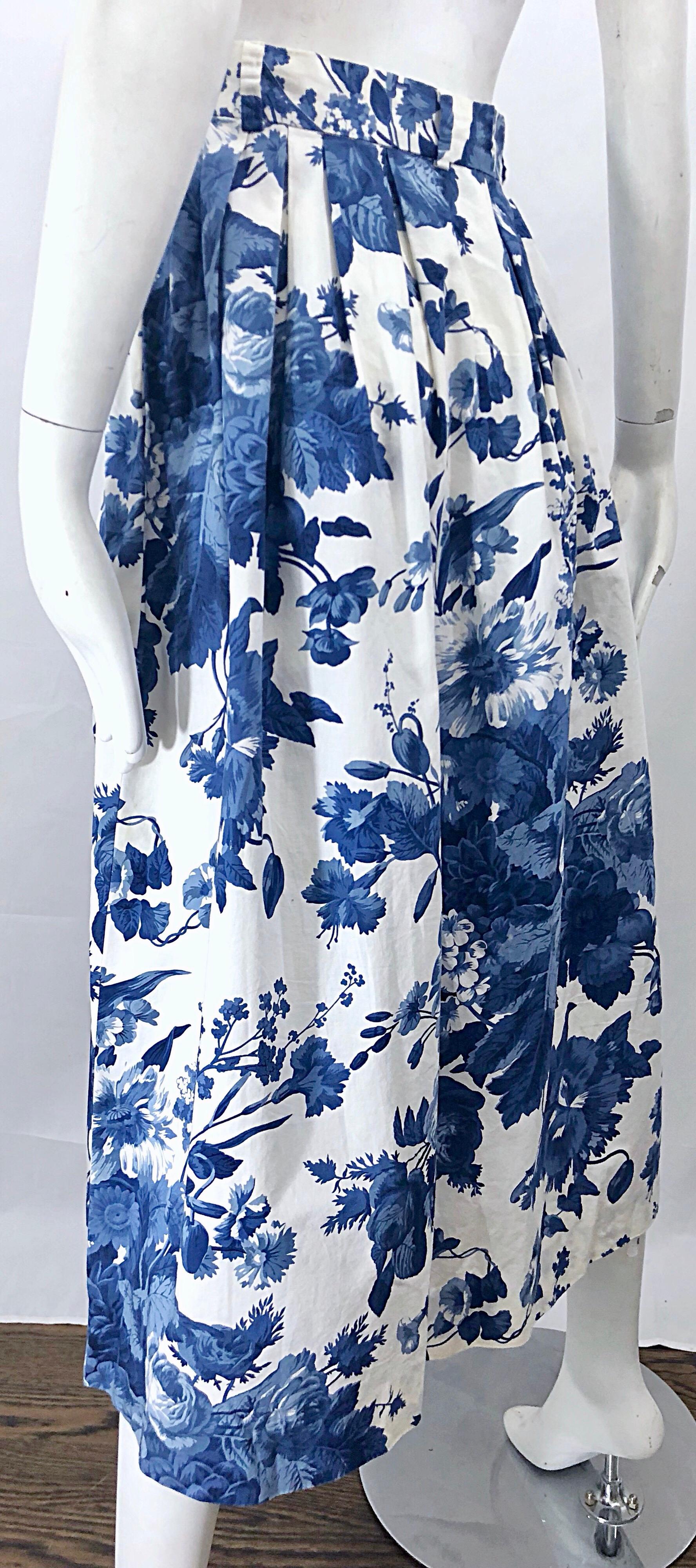 Vintage Ralph Lauren 1990s Blue + White Floral Print 90s Cotton Midi Skirt For Sale 8