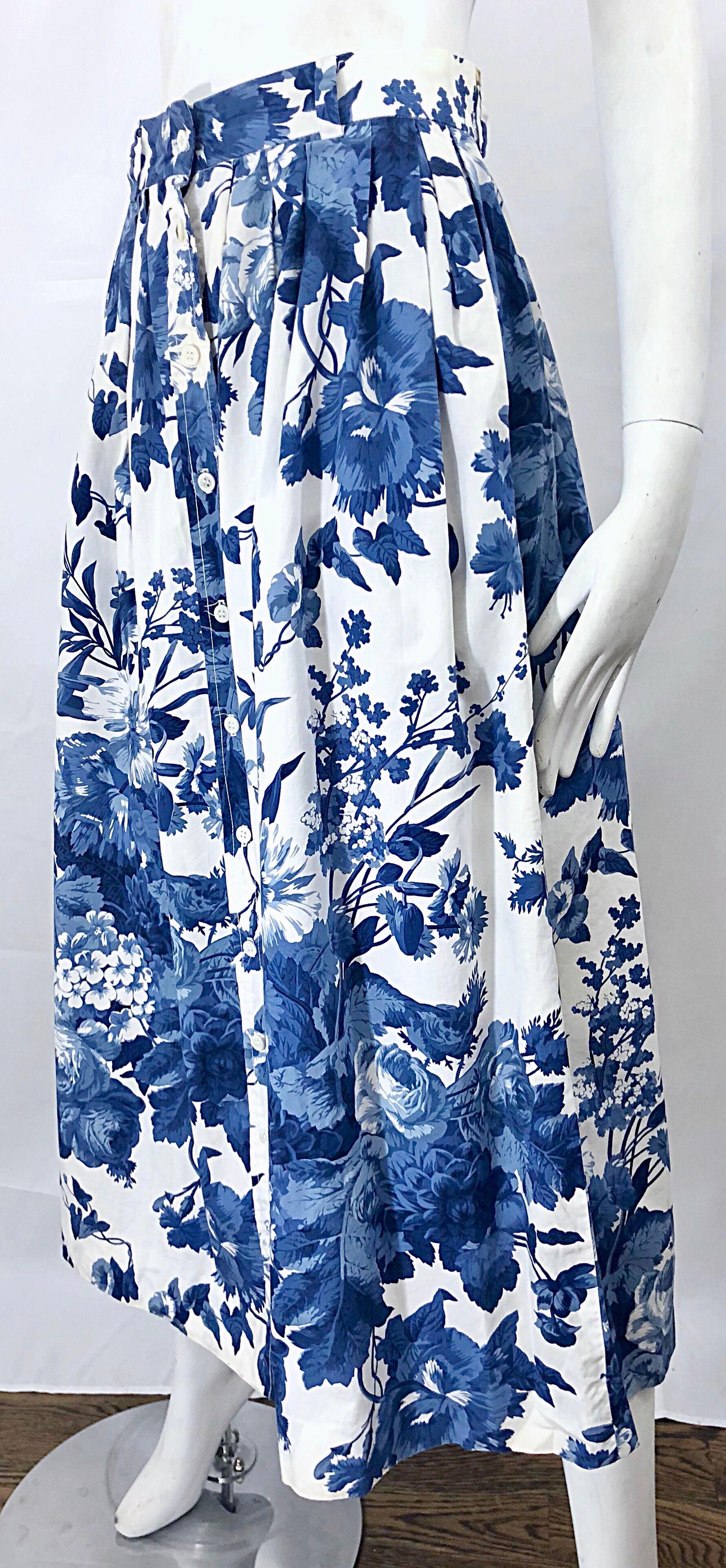 Vintage Ralph Lauren 1990s Blue + White Floral Print 90s Cotton Midi Skirt For Sale 9