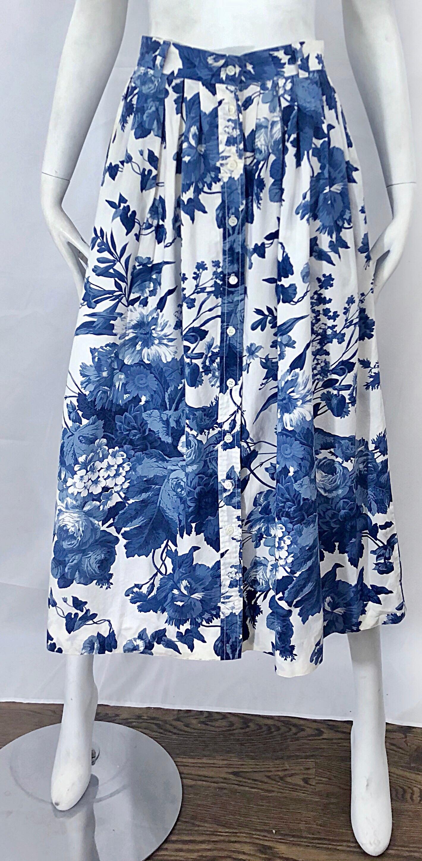 Vintage Ralph Lauren 1990s Blue + White Floral Print 90s Cotton Midi Skirt For Sale 10