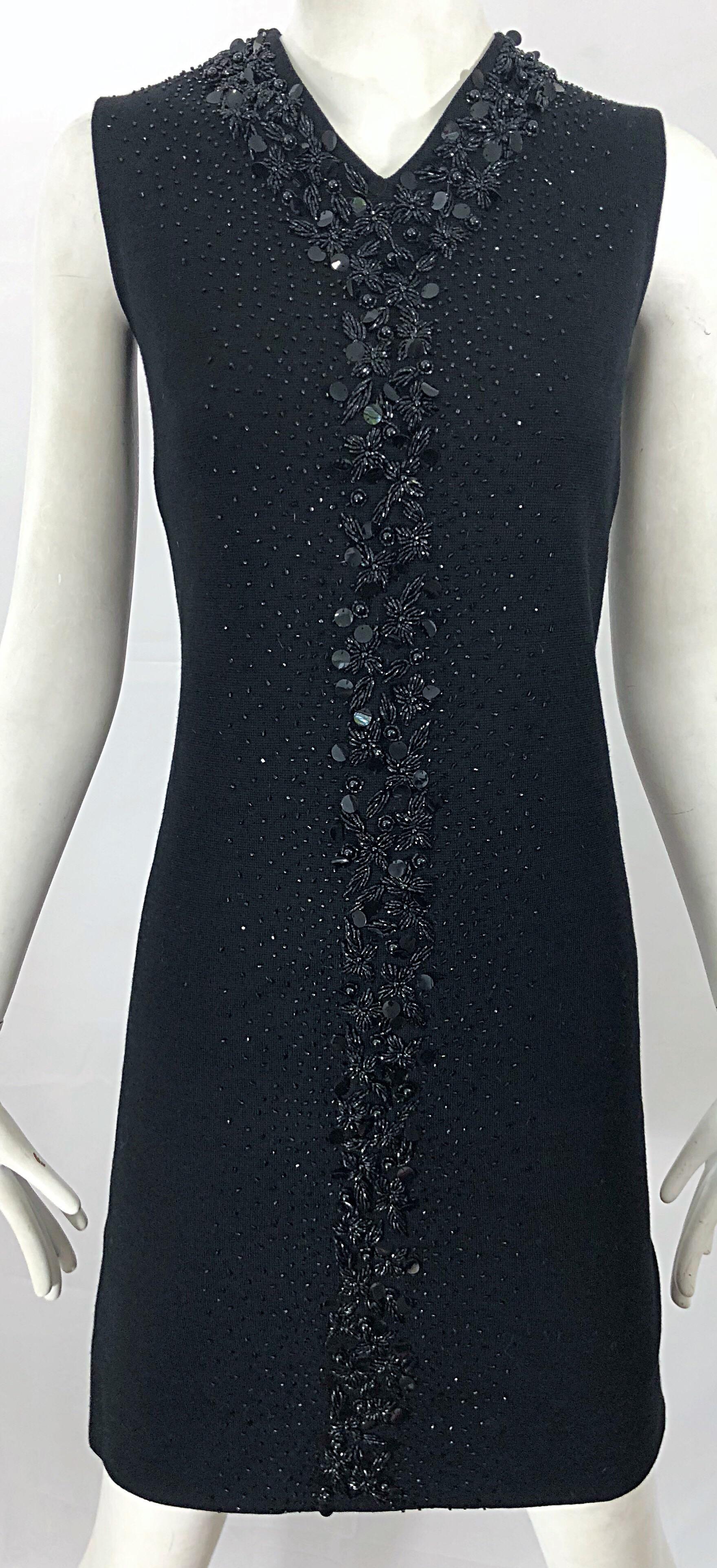 Women's Chic 1960s St Andrews Black Zephyr Wool British Hong Kong Beaded 60s Shift Dress For Sale