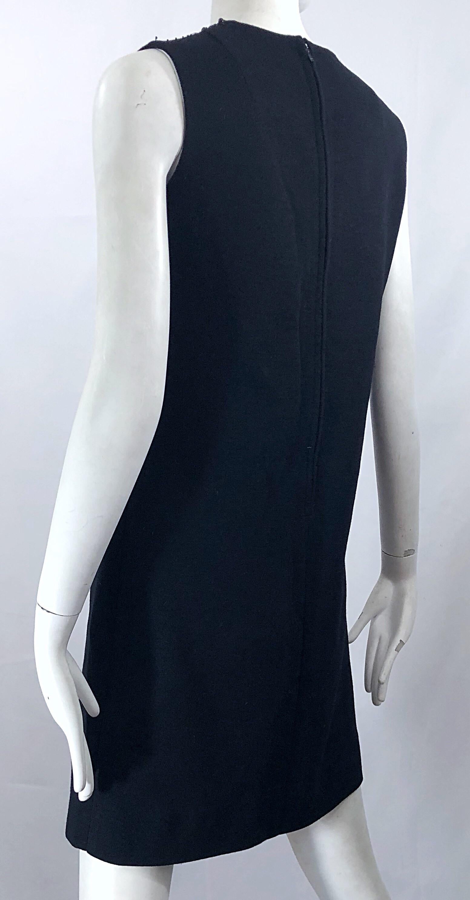 Chic 1960s St Andrews Black Zephyr Wool British Hong Kong Beaded 60s Shift Dress For Sale 1
